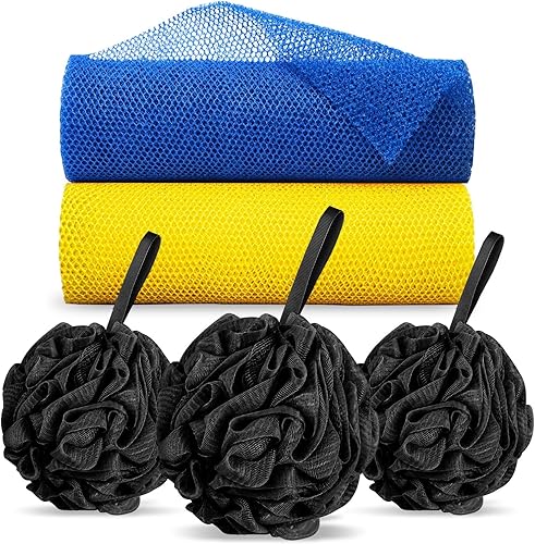 Esponja de red africana y esponja de ducha, 2 paños de red exfoliante africana, esponja de baño de red larga con 3 paquetes de 2.12 onzas de esponja
