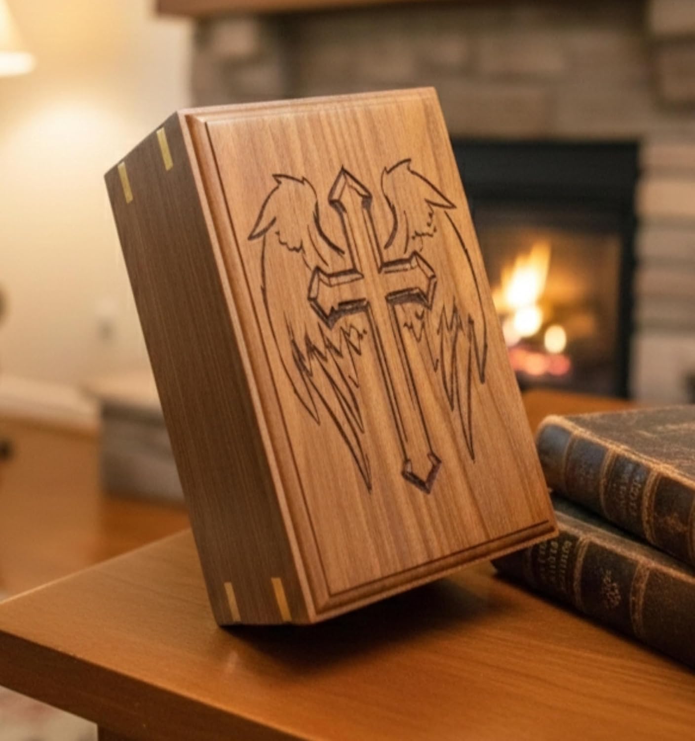 Wooden Urn for Human Ashes-Cross with Angel Wings Engraved-Wooden Urns Handcrafted Funeral Cremation Urn for Ashes Rosewood Decorative urn-Keepsake Cremation urn Box