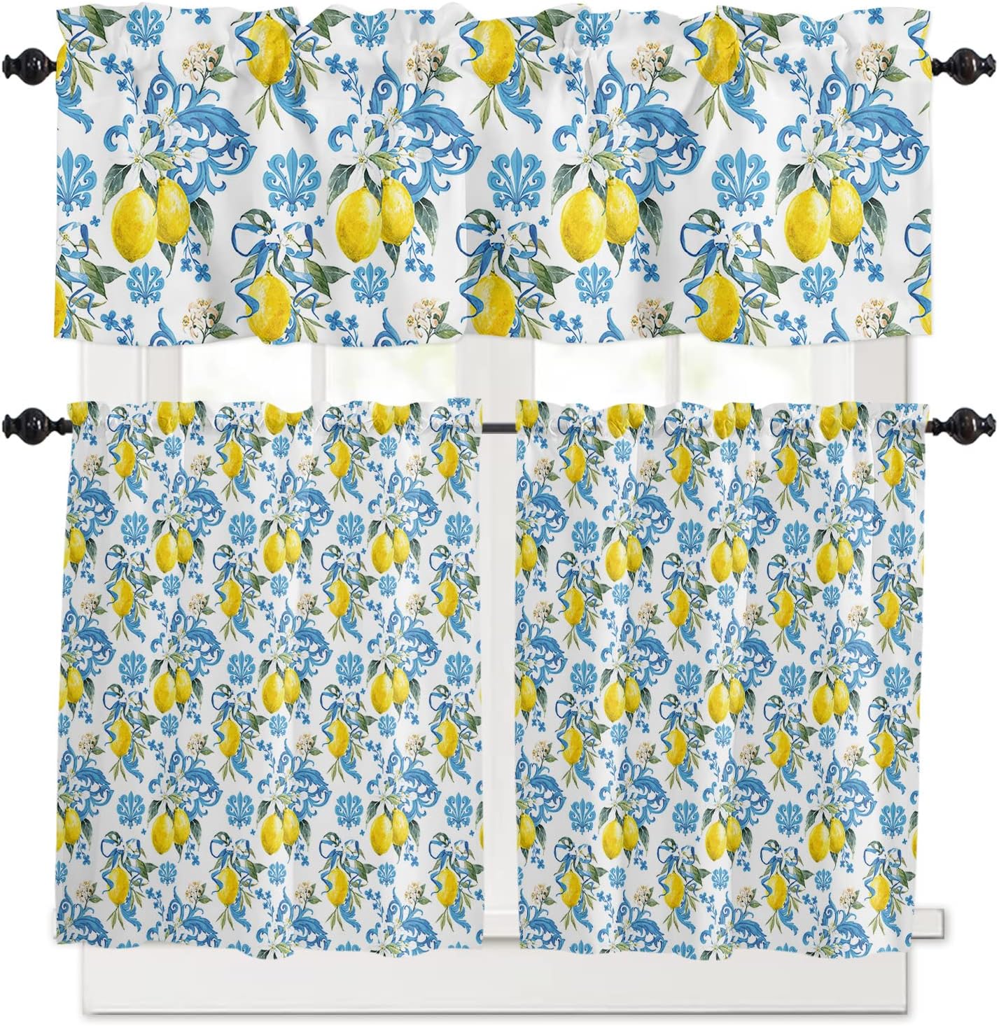 Kitchen Curtains and Valance Set Tier Curtains Baroque Blue Texture Summer Lemons Tile Pattern Semi Sheer Curtain for Living Room, Rod Pocket Tiers and Valances for Windows, 3 Piece Set