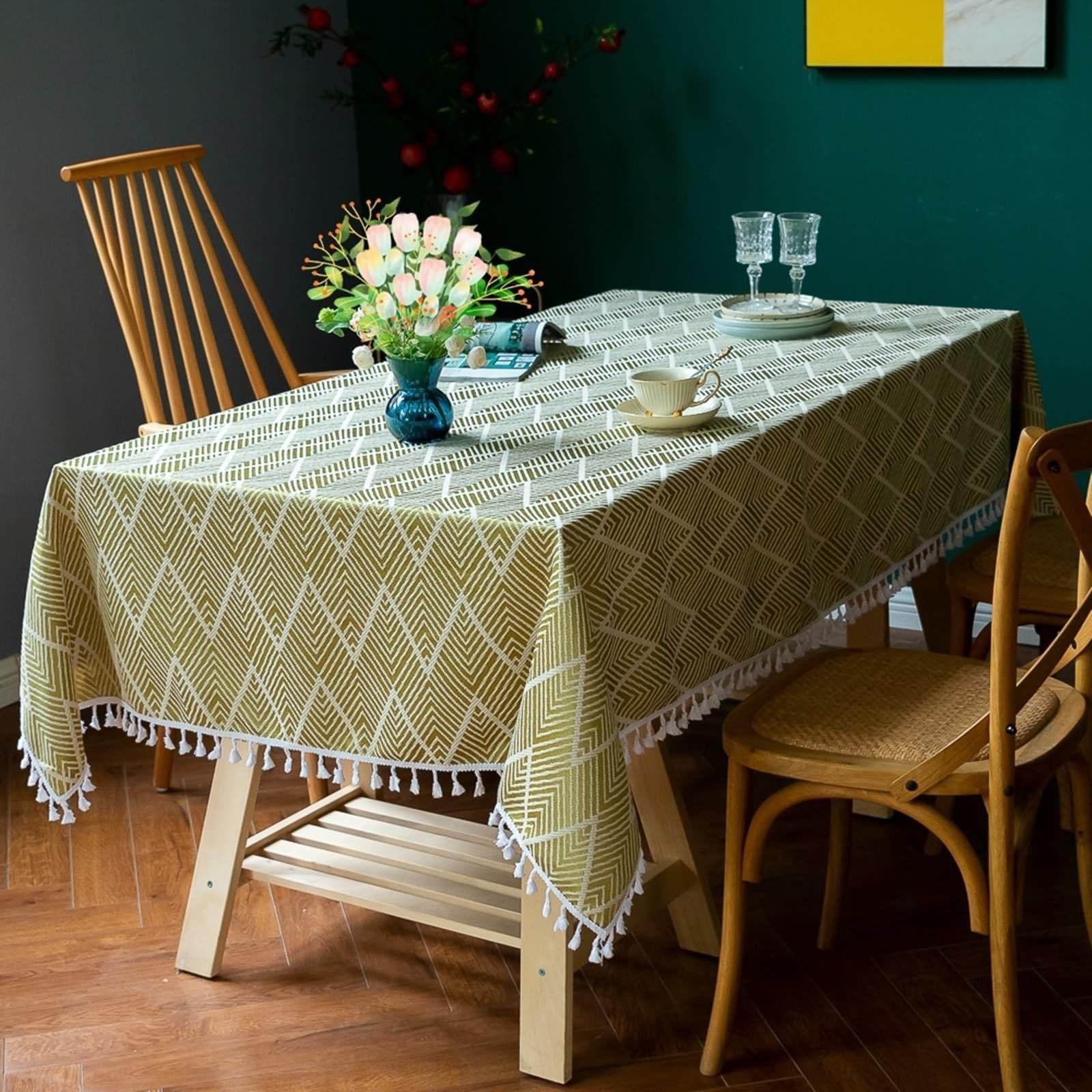Obrus o wyglądzie lnu, żółty, prostokątny, 140 x 200 cm, zmywalny, z efektem lotosu, żakardowy obrus z frędzlami, do stołu kuchennego i na zewnątrz