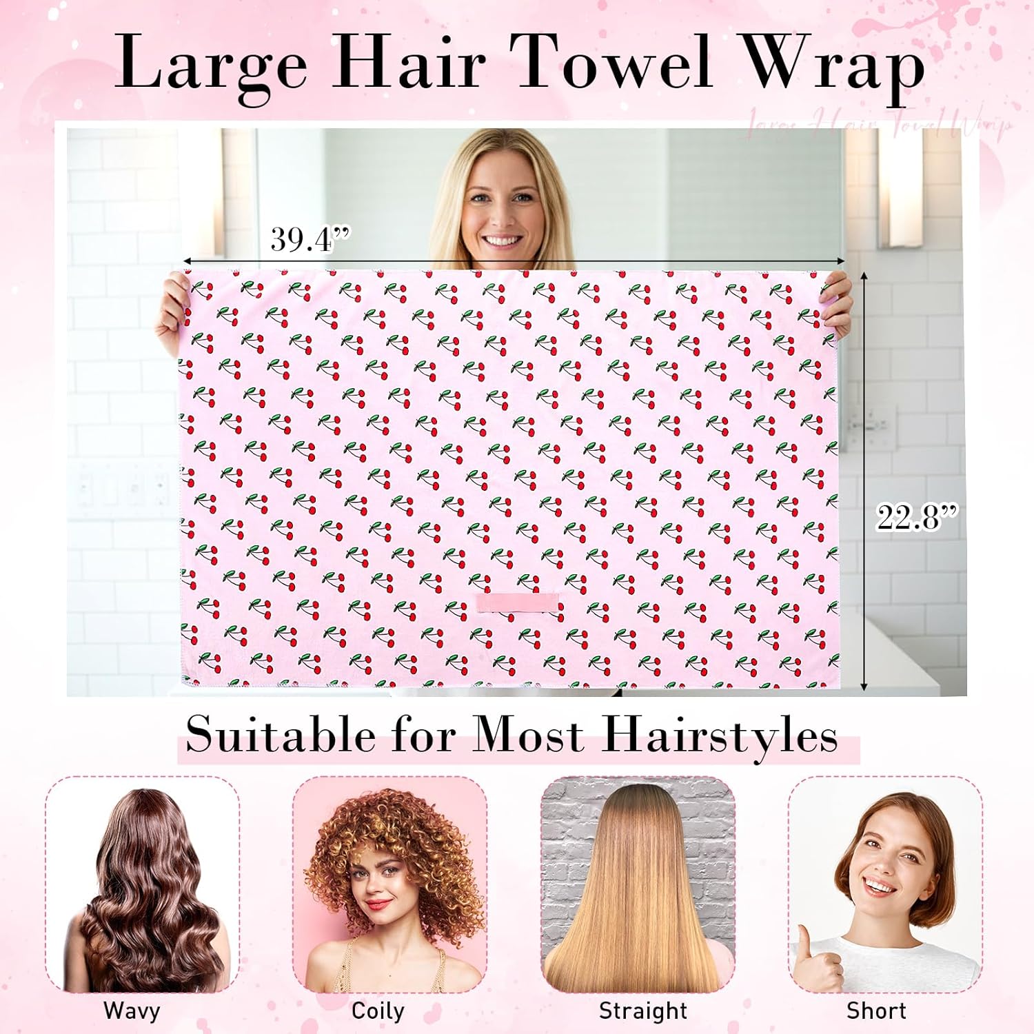 Hahafelt 2 Pack Large Microfiber Hair Towels, 23" x 40" Absorbent Quick Dry Microfiber Towel for Wet Curly Long Short Hair Women Gift for Weeding Home Recreation Beach Yoga(Cute)