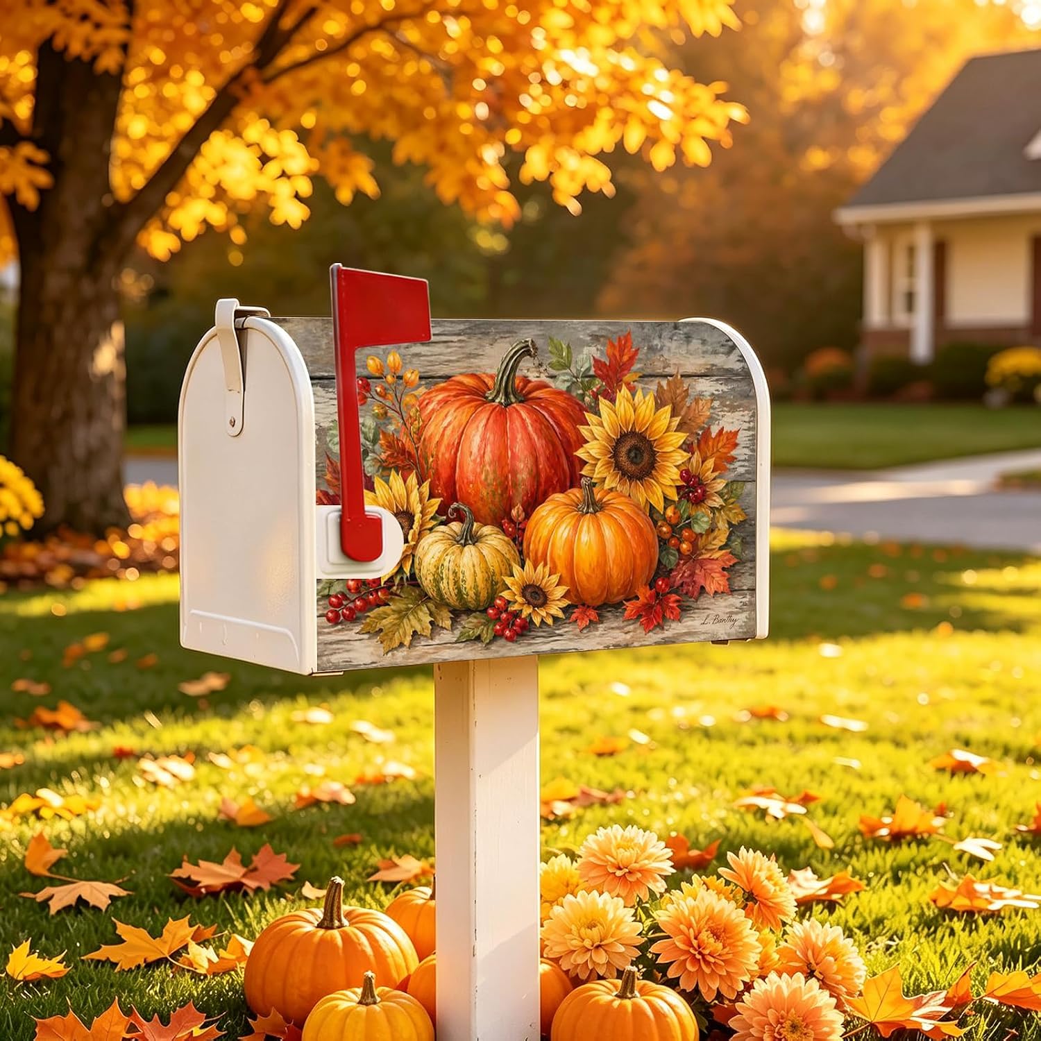 Fall Pumpkin Sunflower Magnetic Mailbox Cover, Autumn Harvest Maple Leaf Mailbox Wrap, Standard Size 21x18 Inch Seasonal Magnetic Letterbox Covers for Garden Yard Decor