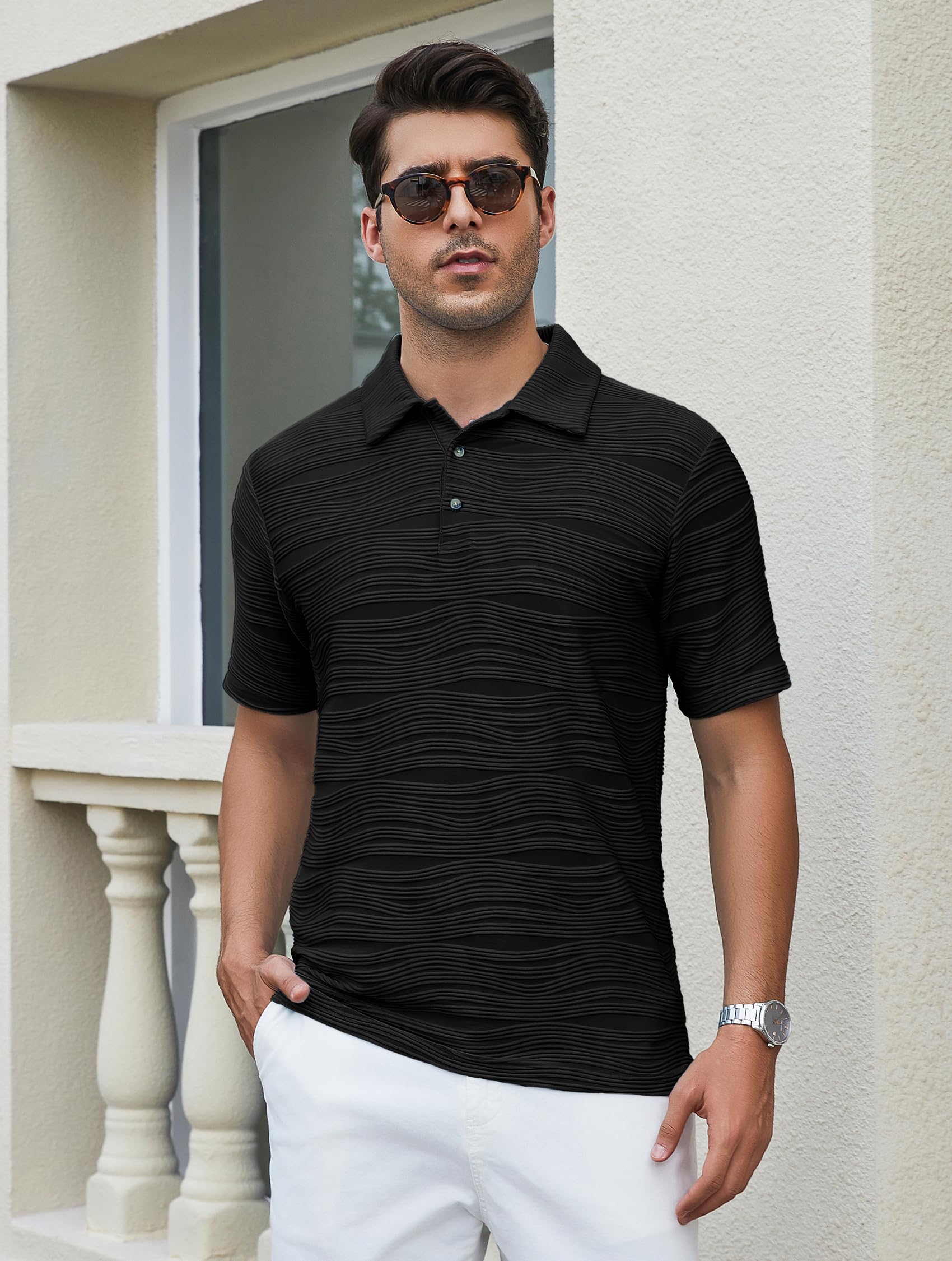 Esabel.C Mens Knit Polo Shirts Short Sleeve Collared Casual Shirt Polo Shirts for Men,Black,XL
