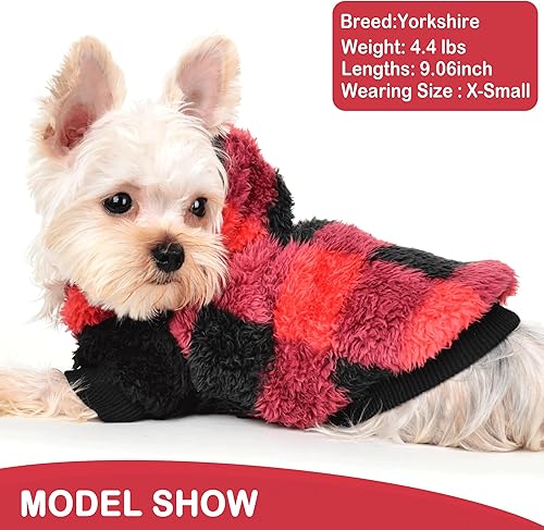 Miniatura 5 de Sudadera con capucha a cuadros para perros pequeños, gatos, cachorros, abrigo cálido y suave, mediano, rojo