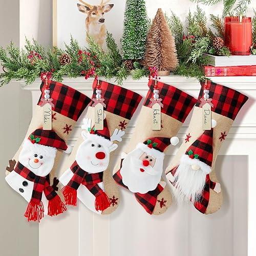 Minetom Calcetines de Navidad, paquete de 4 calcetines de Navidad colgantes de 18 pulgadas con etiqueta de nombre personalizada, muñeco de nieve,