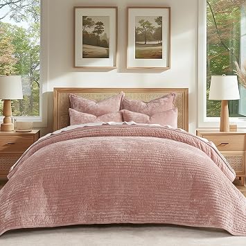 EverGrace Stripe Channel Luxury Velvet Quilt Set King Size, Pink Clay | Ultra Soft Velvet Bedding Set, Lightweight Comforter, Oversized Bedspread Coverlet for All Season, with 2 Matching Shams