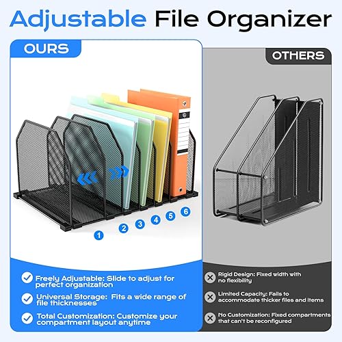 Miniatura 5 de Organizador de archivos ajustable para escritorio, 6 secciones verticales para carpetas de archivos, organizador de escritorio, organizador de