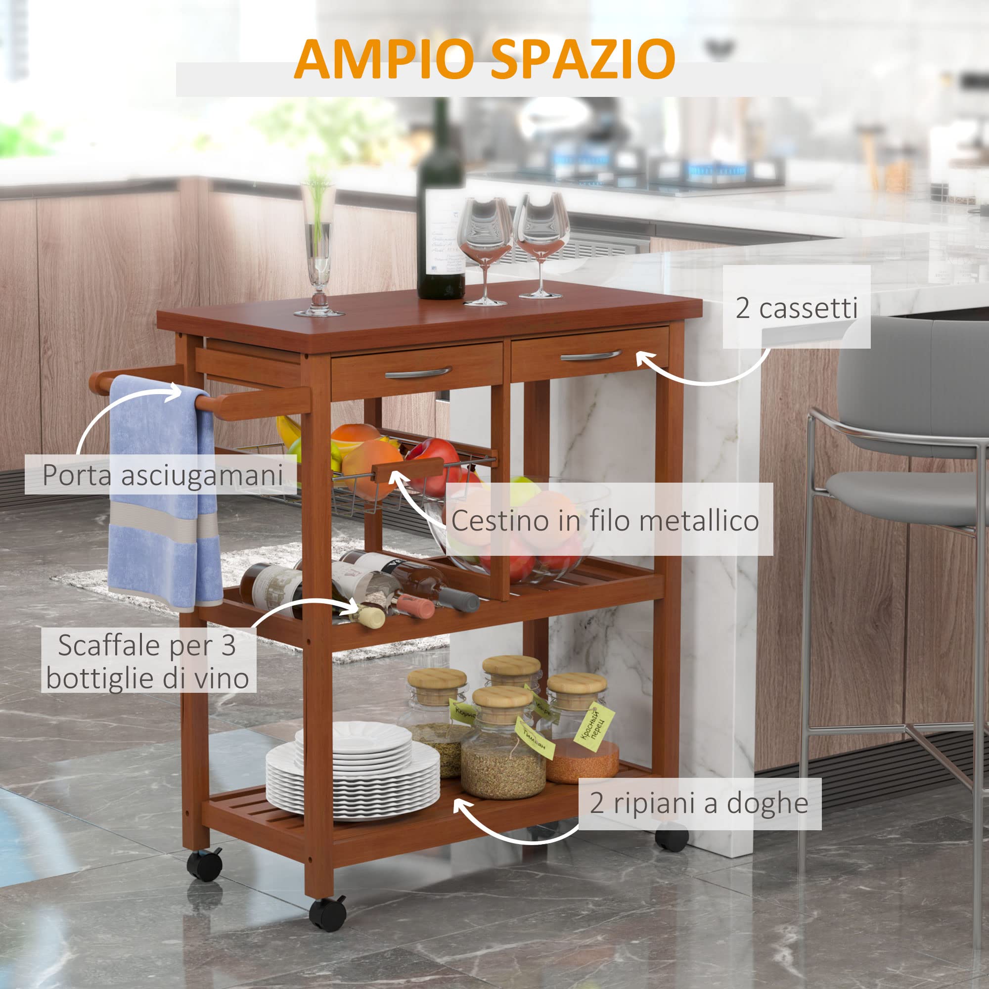 HOMCOM Carrello Portata da Cucina in Legno con Portabottiglie, Cestello, 2 Ripiani, 2 Cassetti, Legno di Pino, Resistente, Agevole, Versatile, 84.5x37.2x85cm