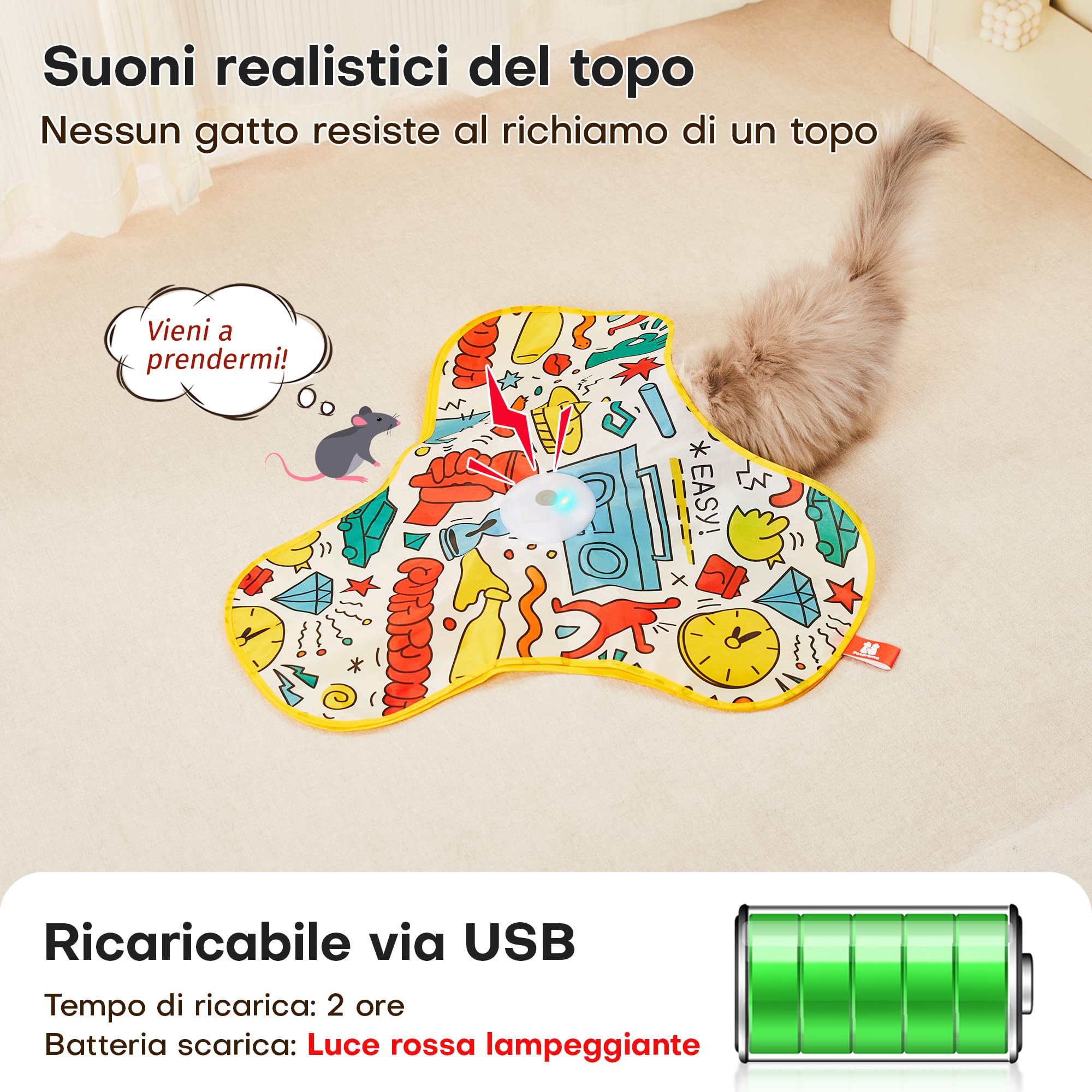 Potaroma Giochi per Gatti Interattivi Ricaricabili – Giocattolo con Piume Nascoste in Movimento, Suono Realistico di Topo, Attivazione al Tocco, per Gattini e Gatti Adulti da Interno Cover Graffiti