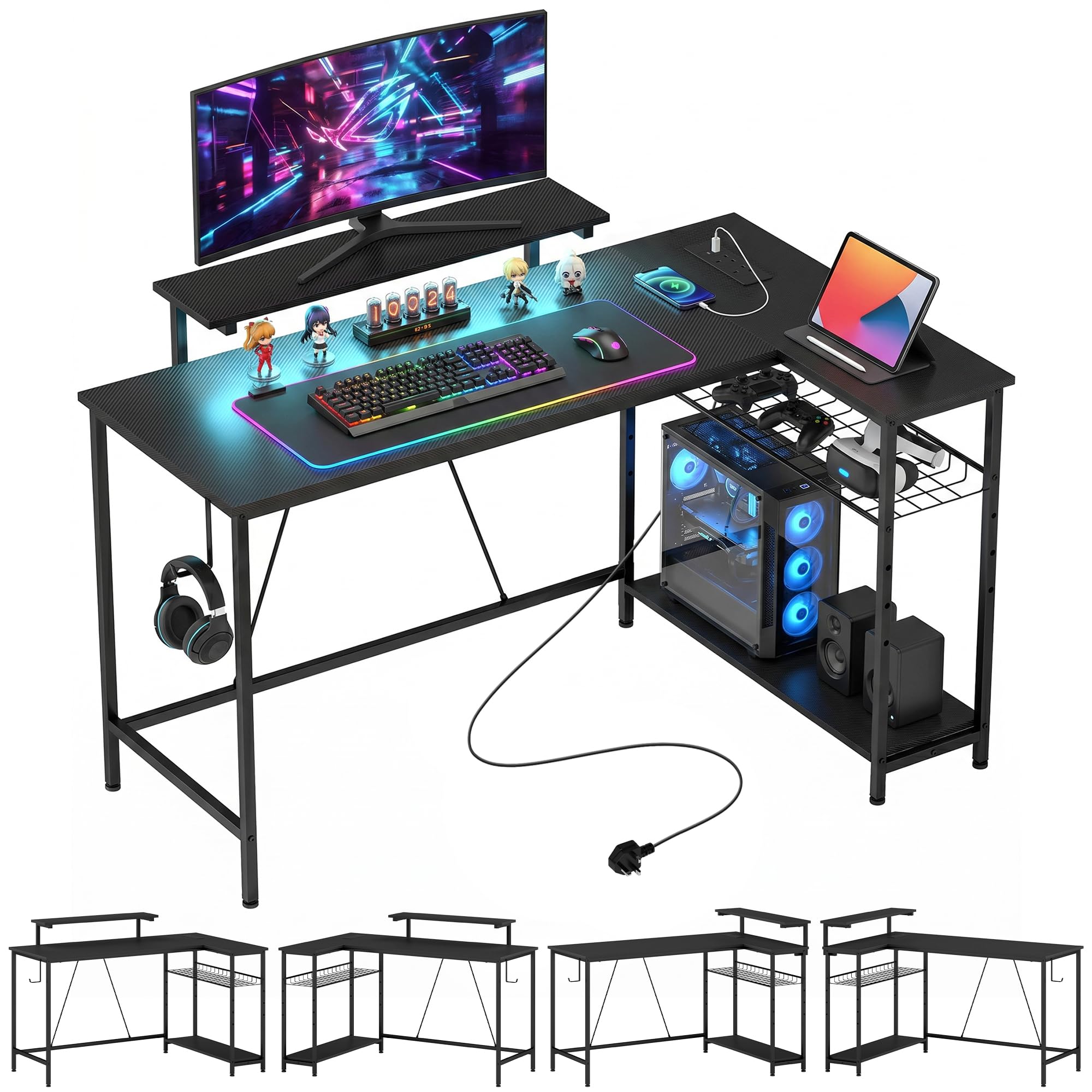 HOMCOM L Shaped Gaming Desk LED Lights Power Outlet 132cm, Black | USB Charging Ports, Reversible Corner Computer Desk, Storage Shelves, Monitor Stand, Home Office, Small Space