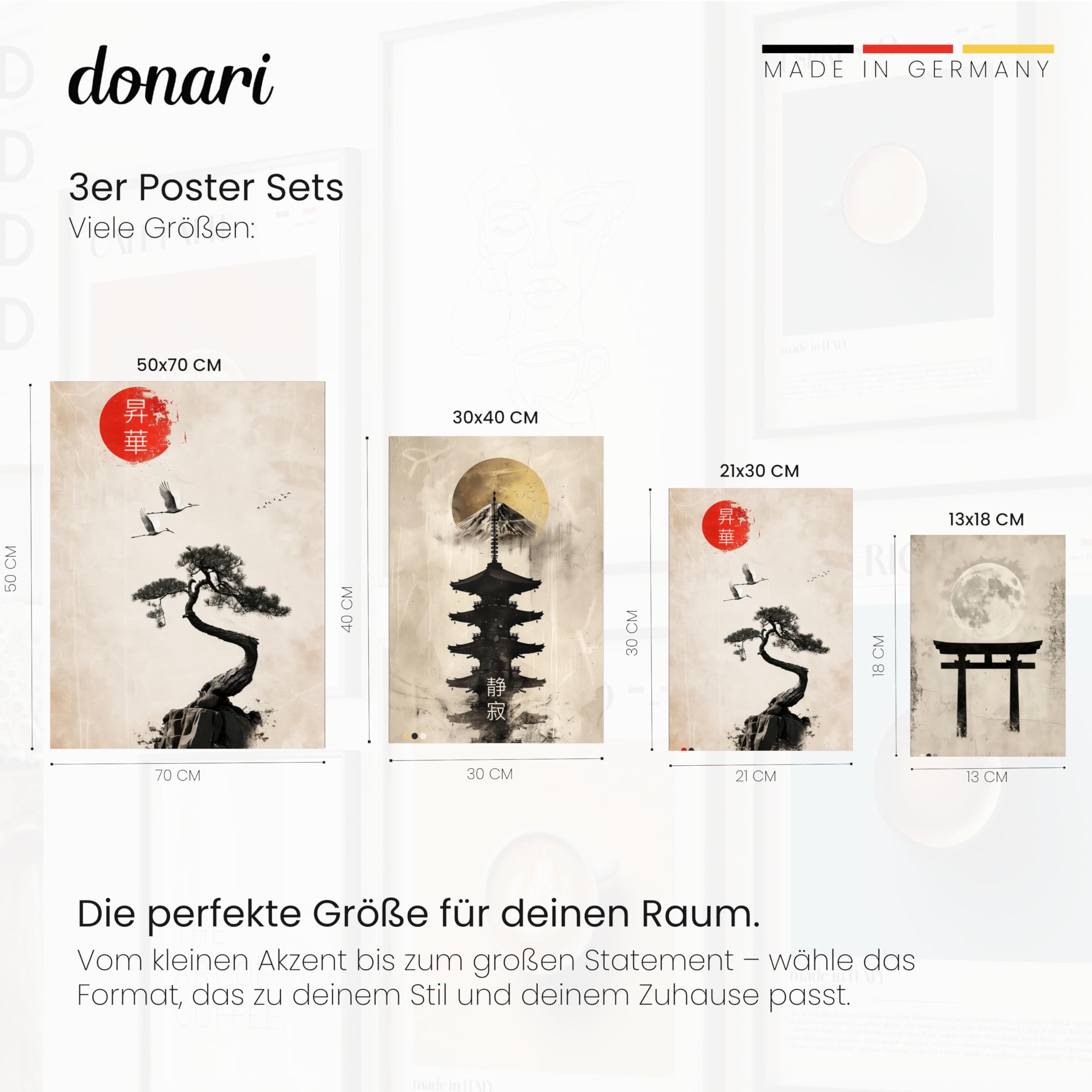 Donari Japan Poster Set – Wandbilder mit asiatischen Motiven | Kyoto, Tokio & traditionelle Kultur | Geschenkidee für Japan-Fans (Set 10, 30x40 cm | Schwarzer Rahmen, Gerahmt)