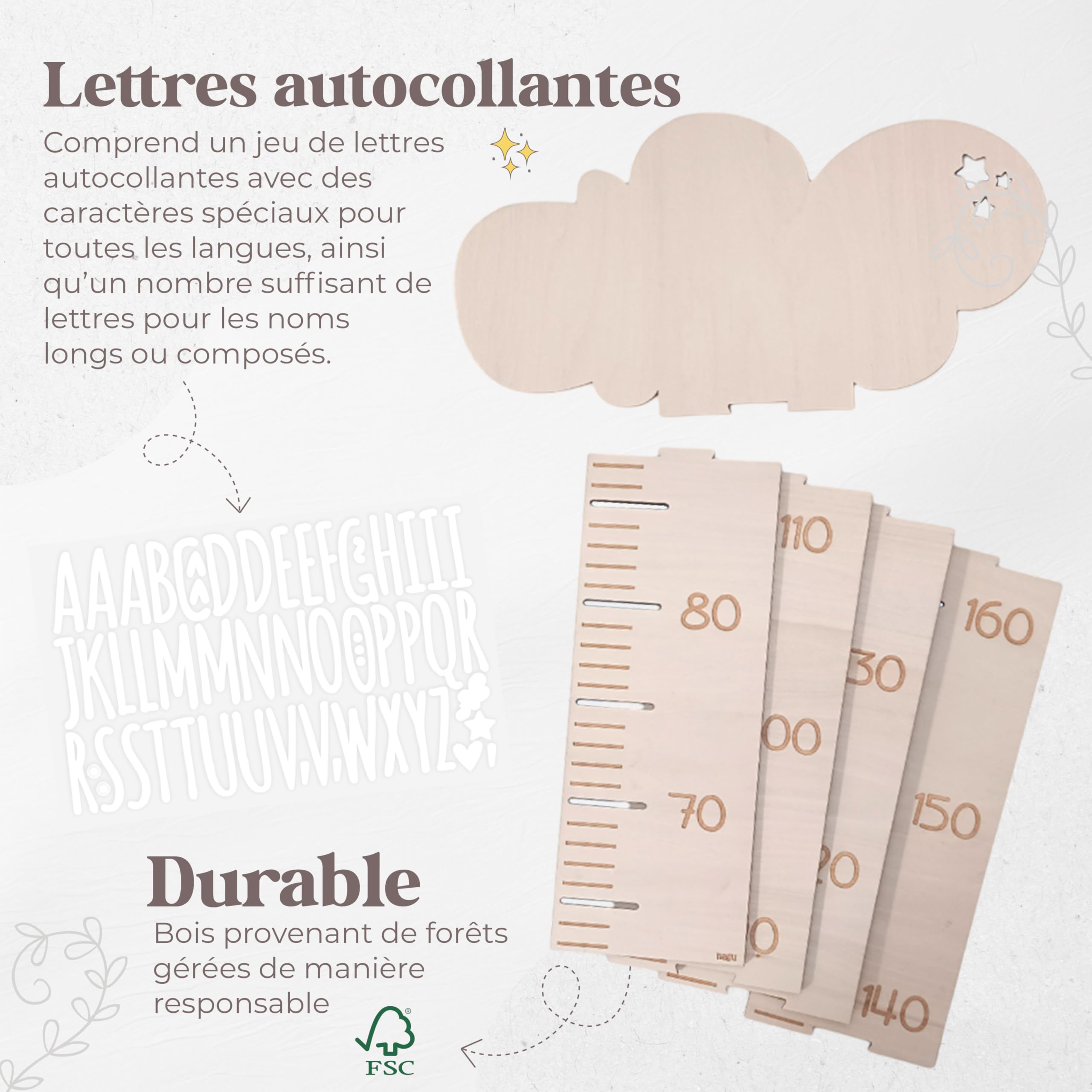 nagu® Toise murale enfant pour Decoration chambre bebe. Toise bois avec lettres autocollantes à personnaliser avec votre nom. Mesure taille