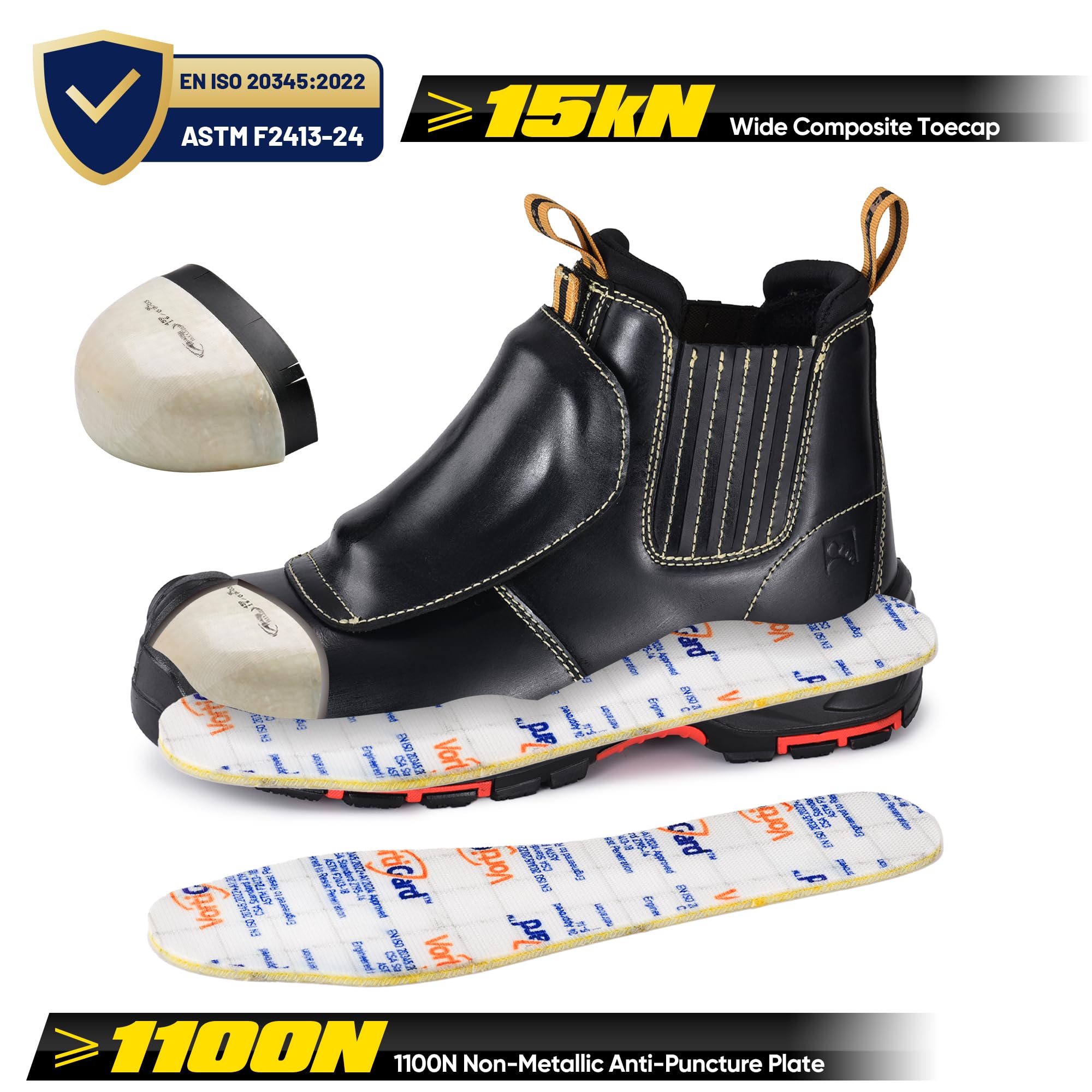 SAFETOE Botas de soldadura para hombre, punta compuesta, botas de seguridad con protección metatarsiana, resistentes al fuego, botas de soldadura resistentes al calor 300 ℃, botas de trabajo para