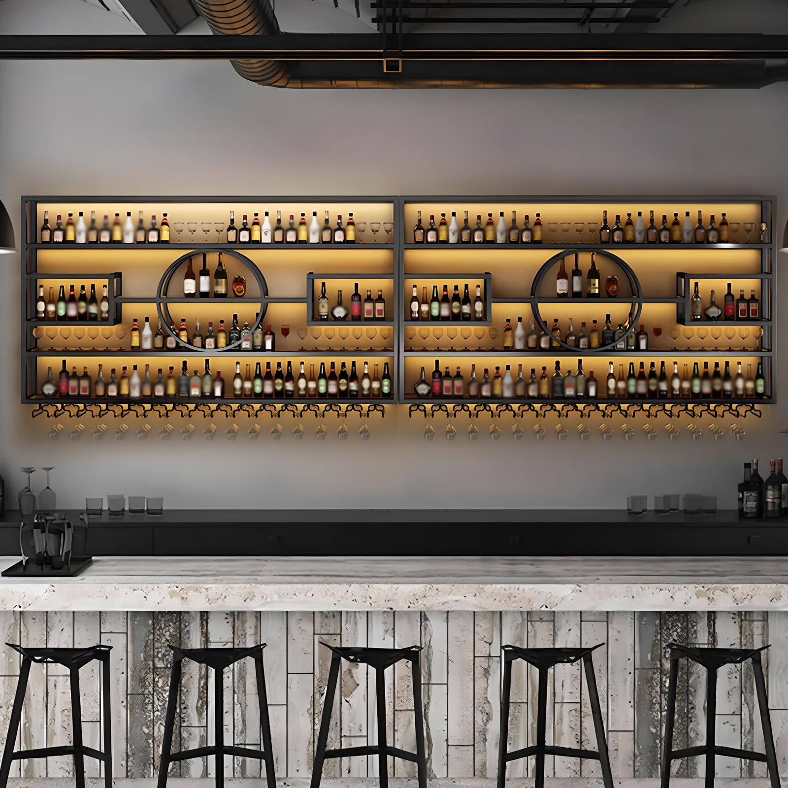 Wall Bar Shelves Industrial Pipe Shelving With 4 Stem Glass Holder, 4-Tiers Rustic Floating Wine Rack Wall Mounted Bar Liquor Shelf, 42 In Hanging Wood Shelves Glass Rack, Living Room Kitchen Decor