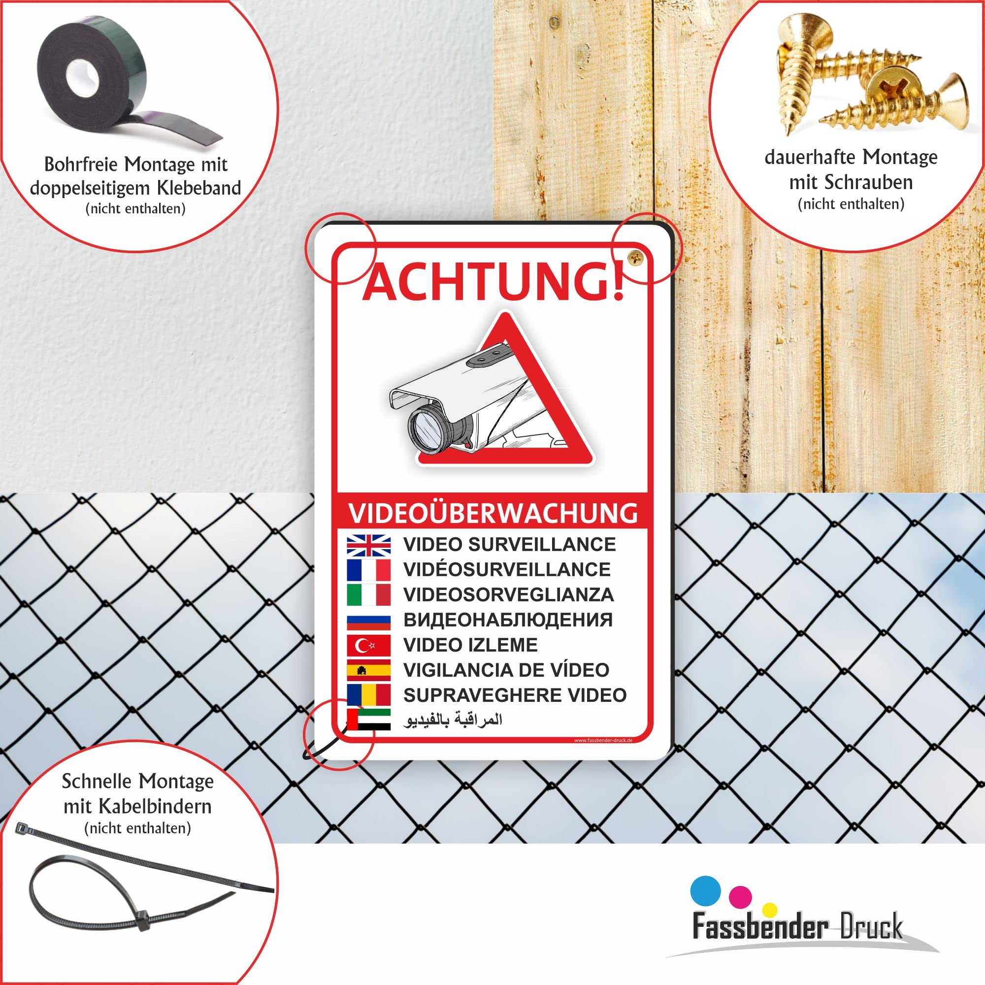 VIDEOÜBERWACHT (9 Sprachen) - Videoüberwachung Schild/VÜ-013 - (60x40cm SCHILD)