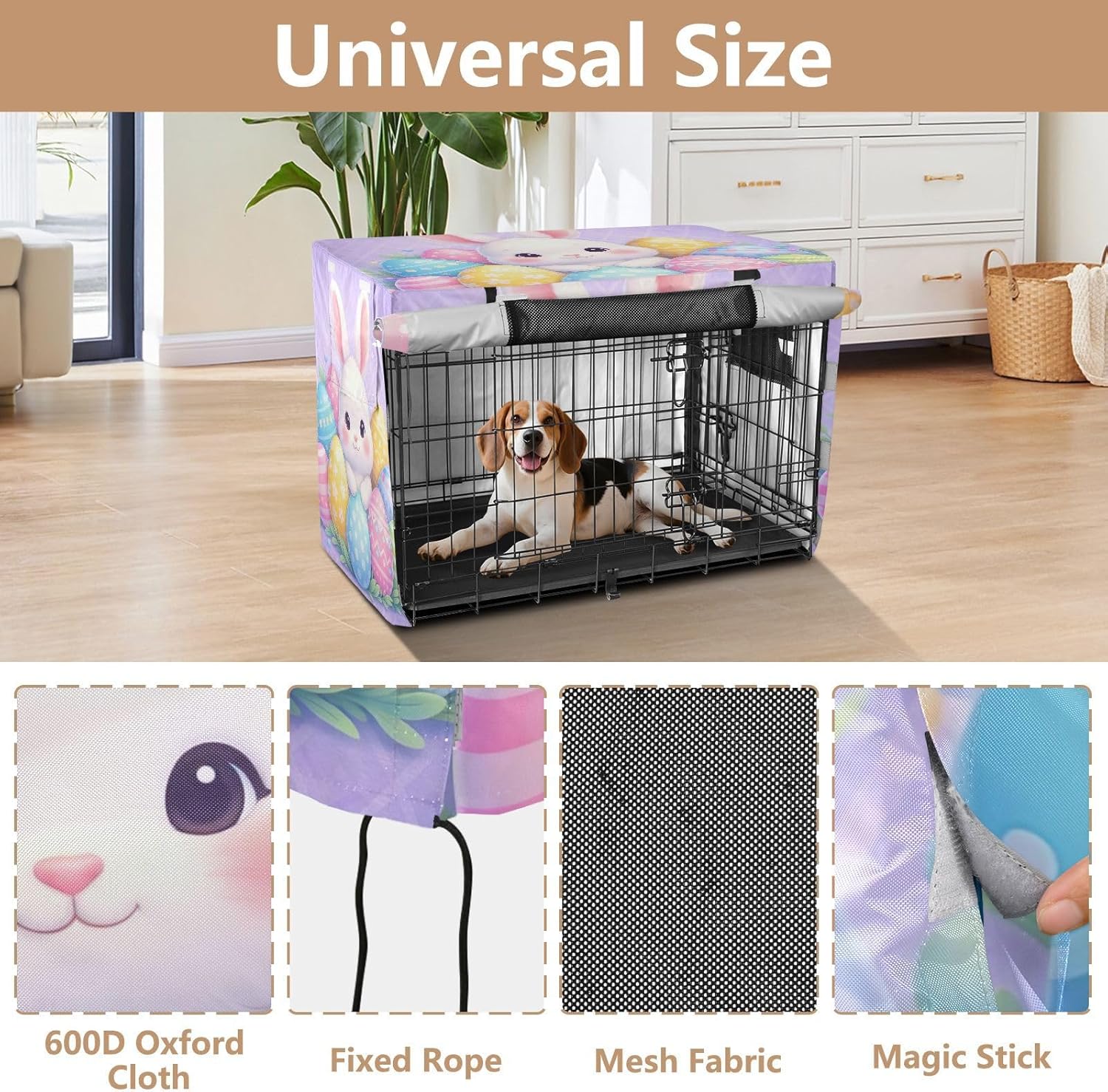 Cute Easter Bunny Purple Pet Crate Cover with Roll-up Sides, Washable Cover for Dog Crate, X-Large