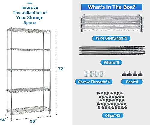 Miniatura 3 de Estantería de alambre de metal de 5 niveles, organizador de estantes de cocina, estante de almacenamiento de garaje, estante de almacenamiento,