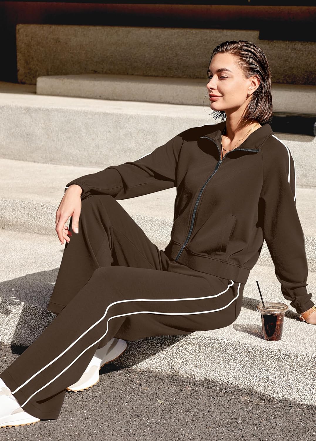 Nirovien Womens Sweat Set Track Suits 2 Piece Outfits Matching Lounge Set Piping Zip Up Sweatshirt Wide Leg Pants - Image 5
