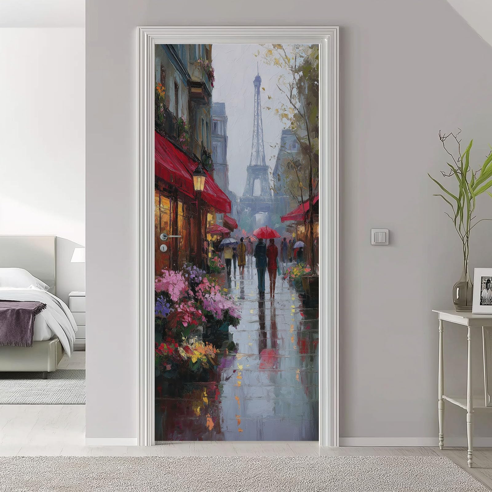 Samoprzylepna naklejka na drzwi, 88 x 200 cm, scena uliczna Paryża, Wieża Eiffla, vintage, miasto, usuwalna tapeta winylowa, szara, odklej i przyklej, plakat naklejki na drzwi do sypialni, dekoracja