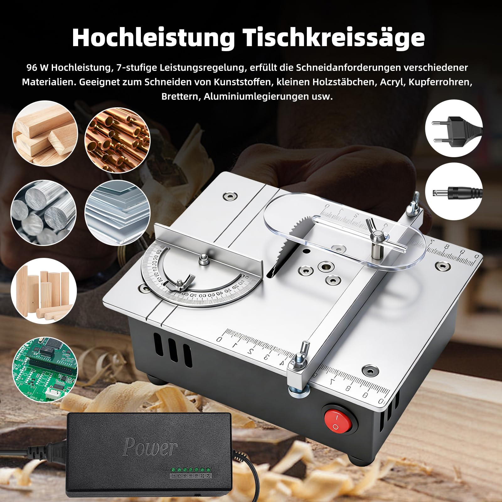 Mini Tischkreissäge, 7-Gang-Netzteil Einstellbarer,Tischkissägen Tragbare Präzisions Table Saw 0,1-15mm Sägeblatt Hönverstellbarer, Tischkreissäge mit 4 Klingen für DIY-Holzbearbeitugsprojekte