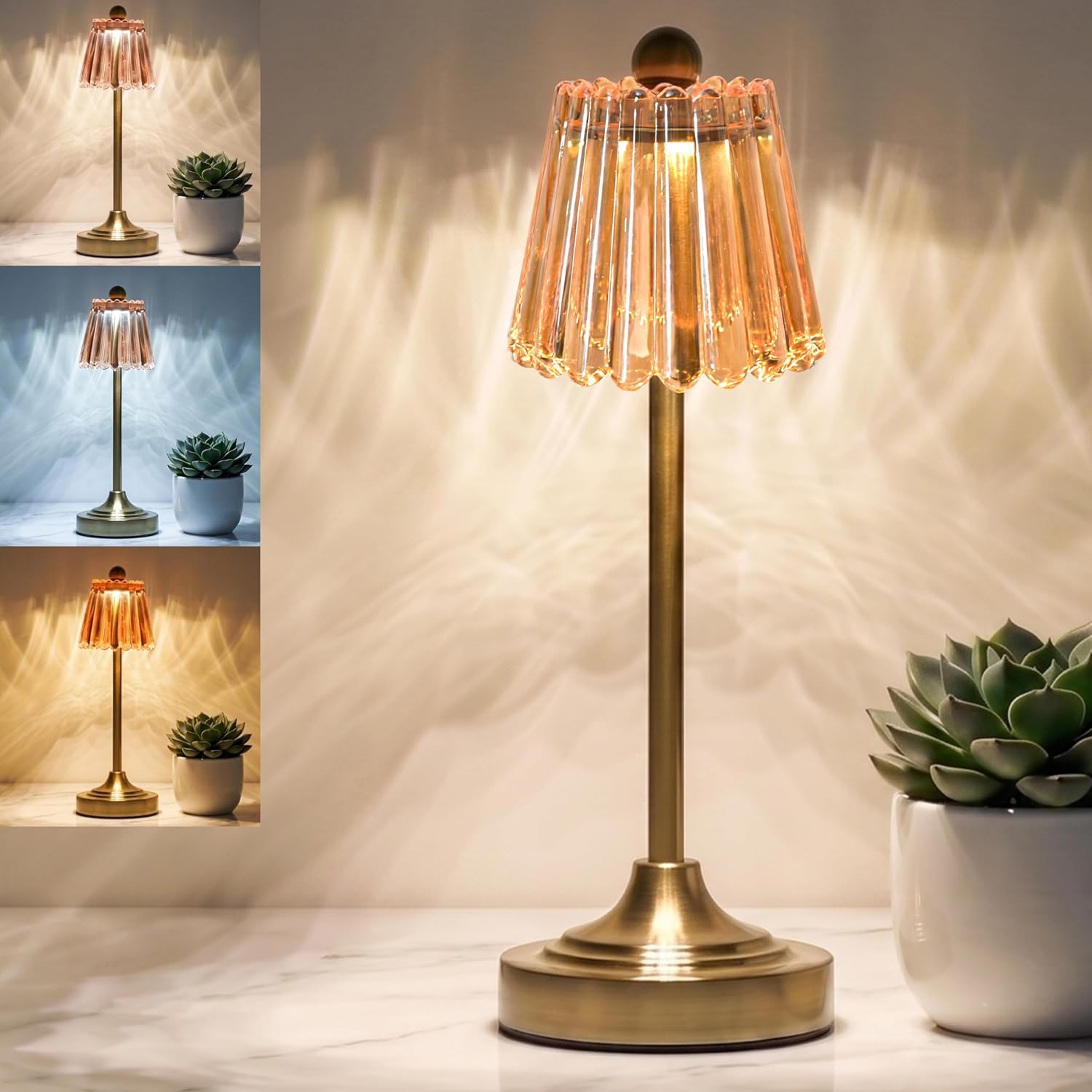 Small Vintage Rechargeable Cordless Table Lamp, Green Glass Shade, 3 Color Dimming, 5200mAh Battery Operated LED Touch Accent Lamp for Bedroom, Nightstand, Living Room, Kitchen(Amber)