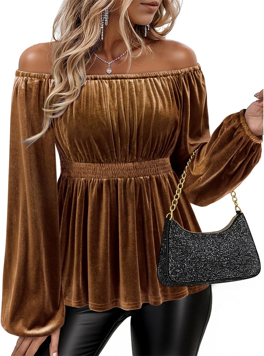 Bebonnie Womens Velvet Off The Shoulder Long Sleeve Sexy Elegant Evening Tops Peplum Dressy Blouses - Image 4