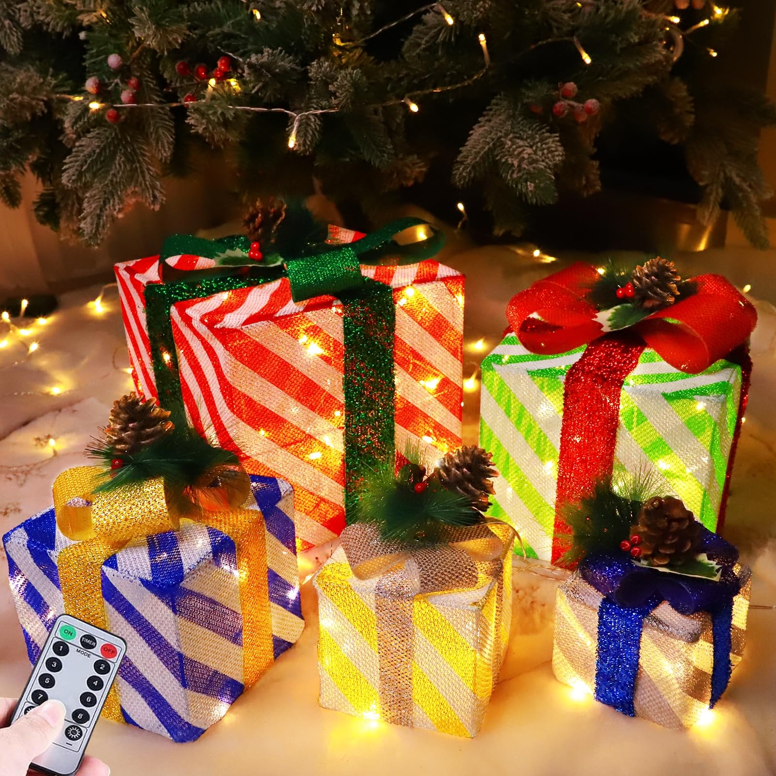 [ Extra Large & 5 Pack ] 12"-10"-8"-7"-6" Christmas Lighted Gift Boxes Decorations 8 Modes Timer Remote Battery Operated 80 LED Stripe Present Box Christmas Decorations Home Indoor Outdoor Tree Yard