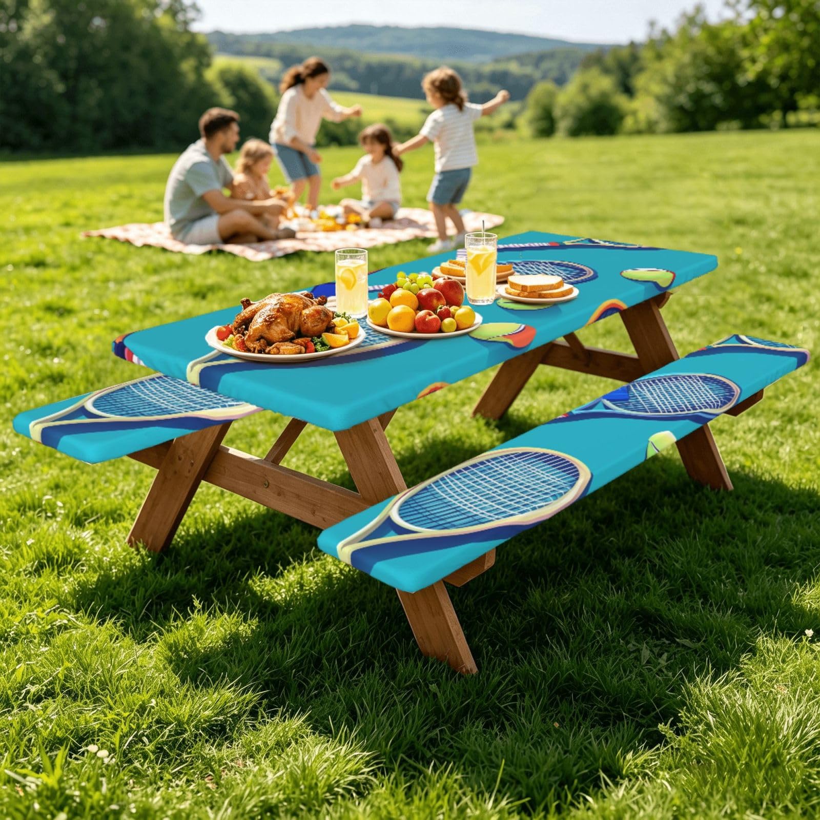 Nappe de pique-nique ajustée avec housses de banc, nappe élastique ajustée, 182,9 cm, nappe de camping imperméable pour l'extérieur