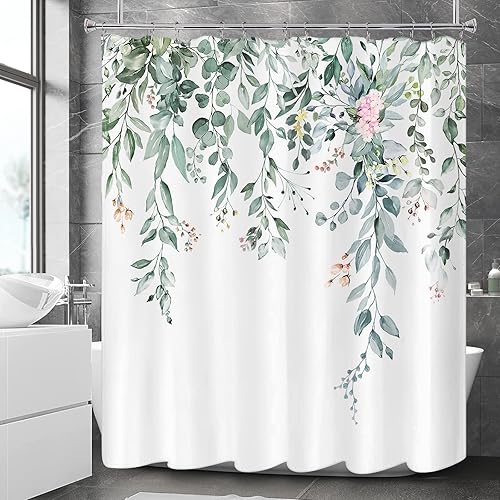 Awellife Cortina de ducha de plantas verdes para baño, moderna cortina de ducha floral botánica, tela con textura de lino, juego de cortinas de