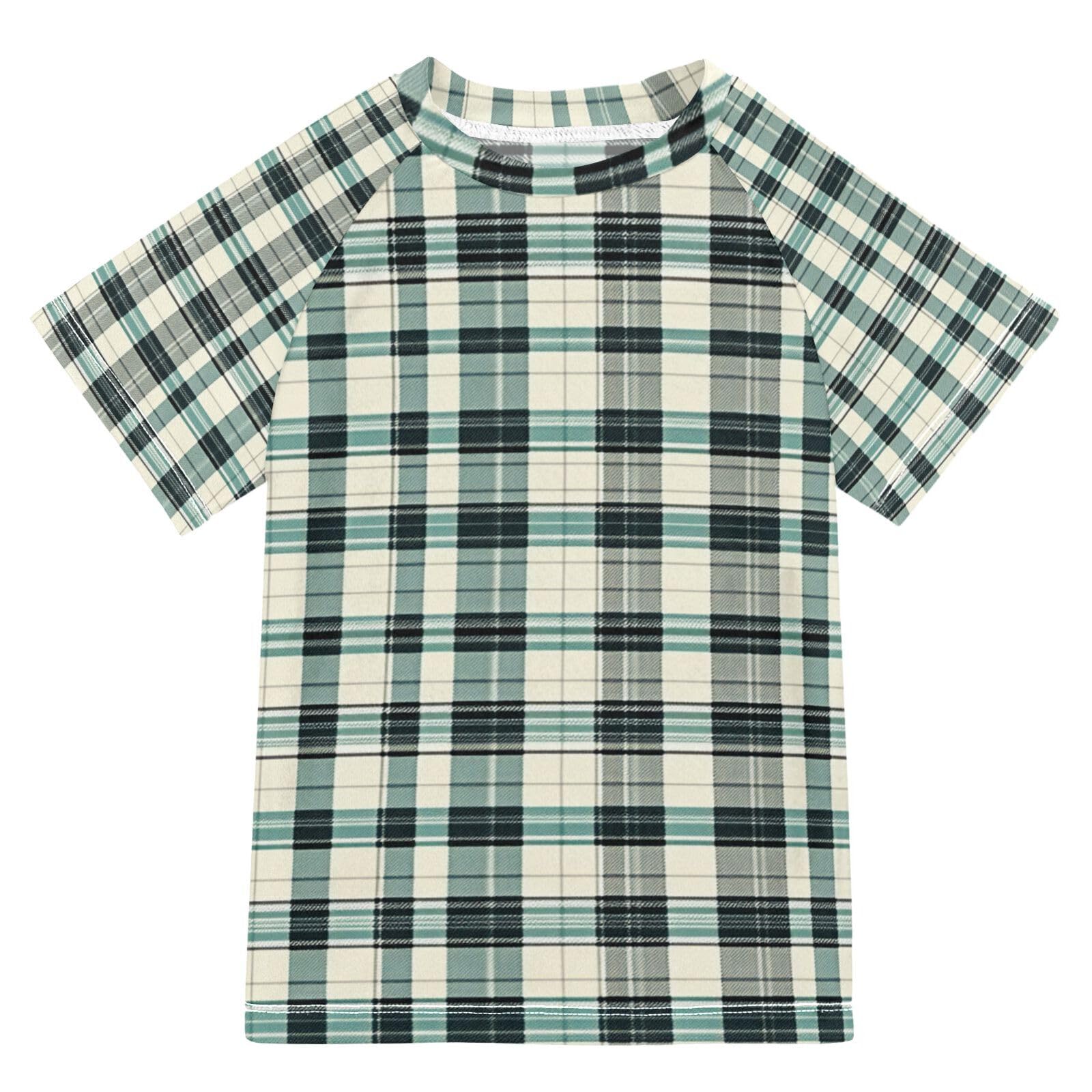 Bathing Suit Kids Short Sleeve Rash Guard for Girls 7T Herringbone Houndstooth Checked Teal Neutral Birds