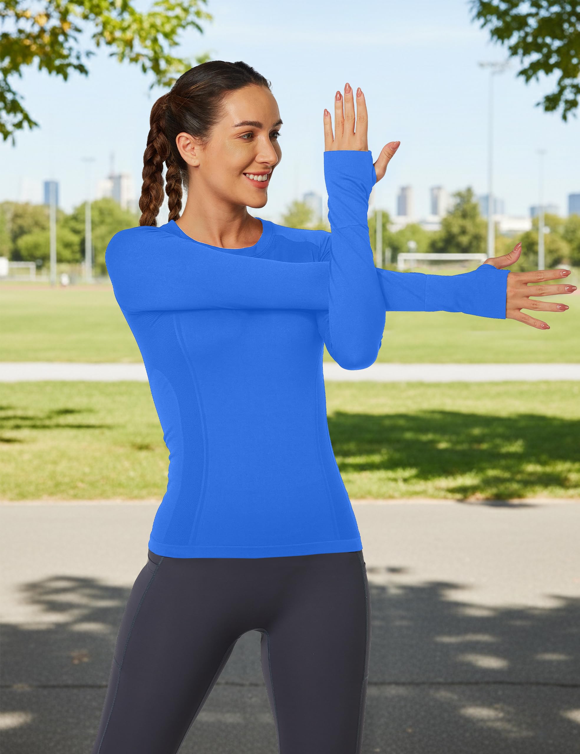 MathCat Camisetas de entrenamiento de manga larga para mujer, sin costuras, para yoga, correr, transpirables, paquete de 3 unidades