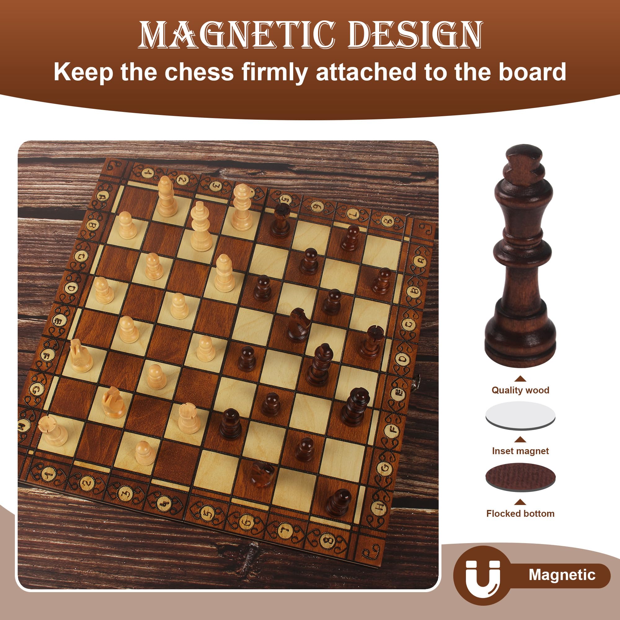 Scacchiera Magnetica In Legno 3 In 1 – Gioco Scacchi Pieghevole 34 Cm, Con Dama E Tavla Turca, Viaggio, Adulti E Bambini