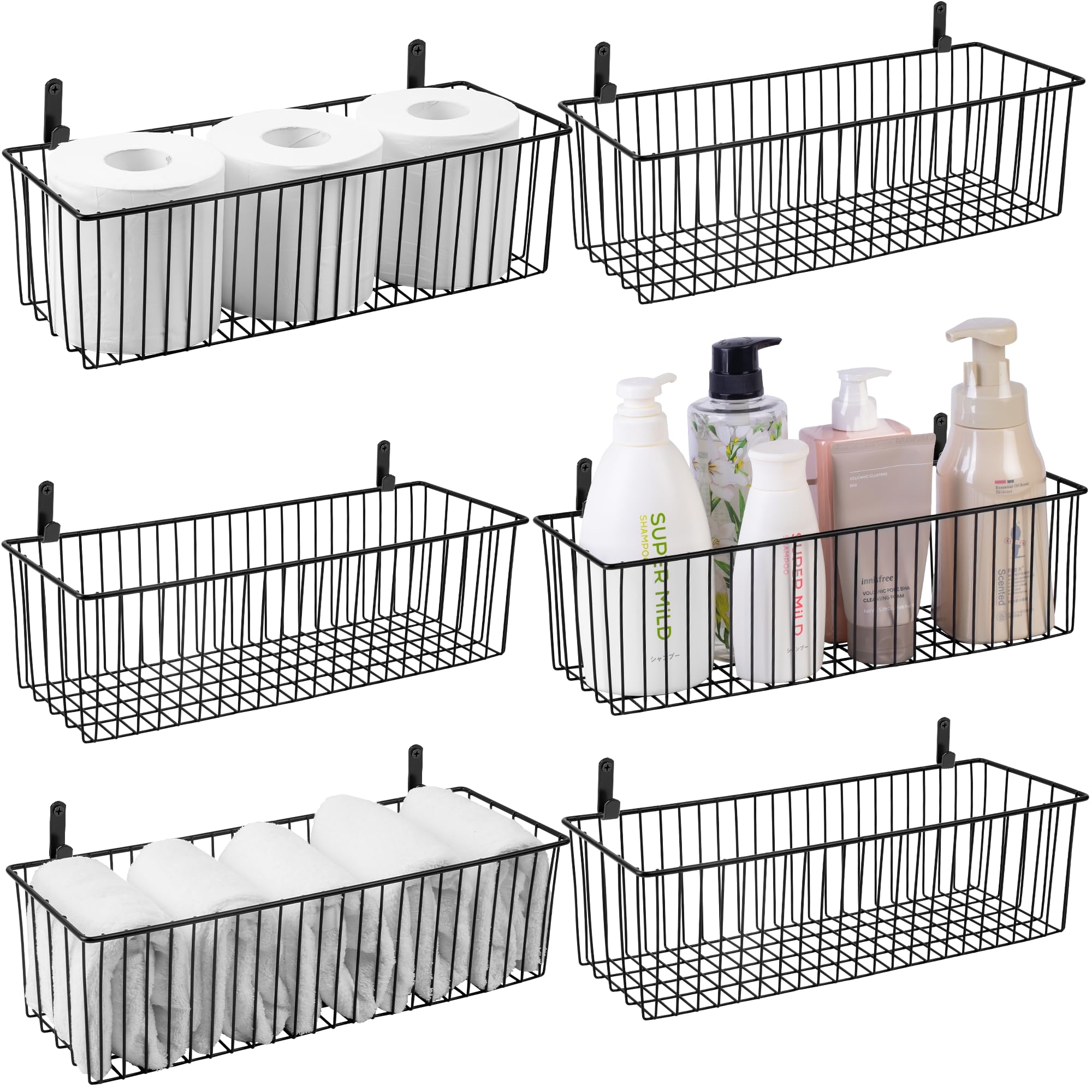 Wetheny Black Wire Hanging Storage Basket (6 Pack- Metal Toilet Paper Storage Basket - Wire Baskets for Organizing Garage,Kitchen,Bathroom,Drawer