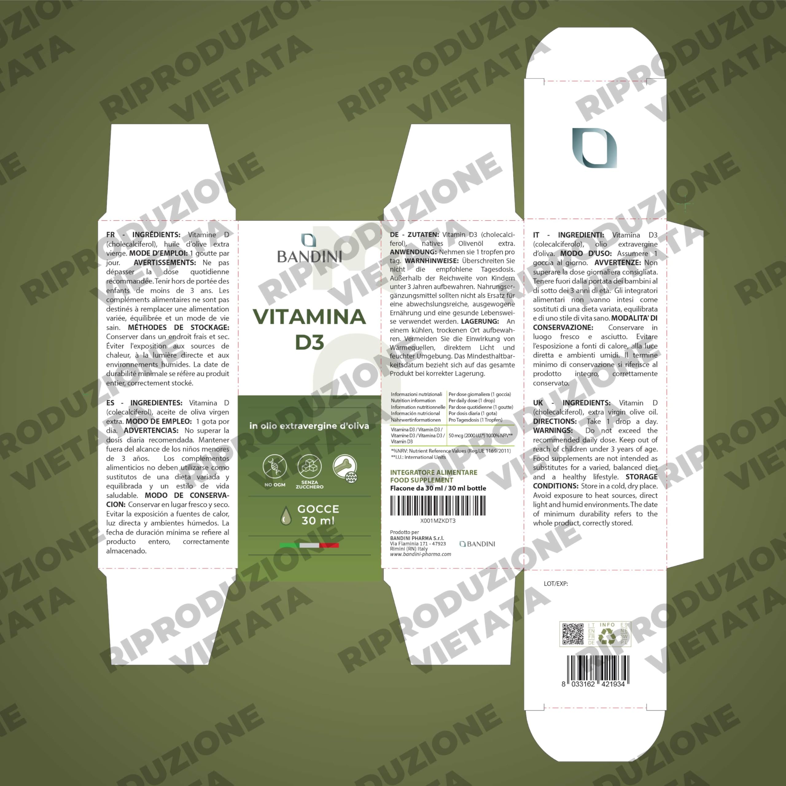 Bandini® Vitamina D3 | 2000 UI per Goccia | Integratore in Olio Extravergine di Oliva | 30ml con Contagocce | Supporto per Ossa, Denti e Sistema Immunitario | Alta Biodisponibilità | Facile Assunzione