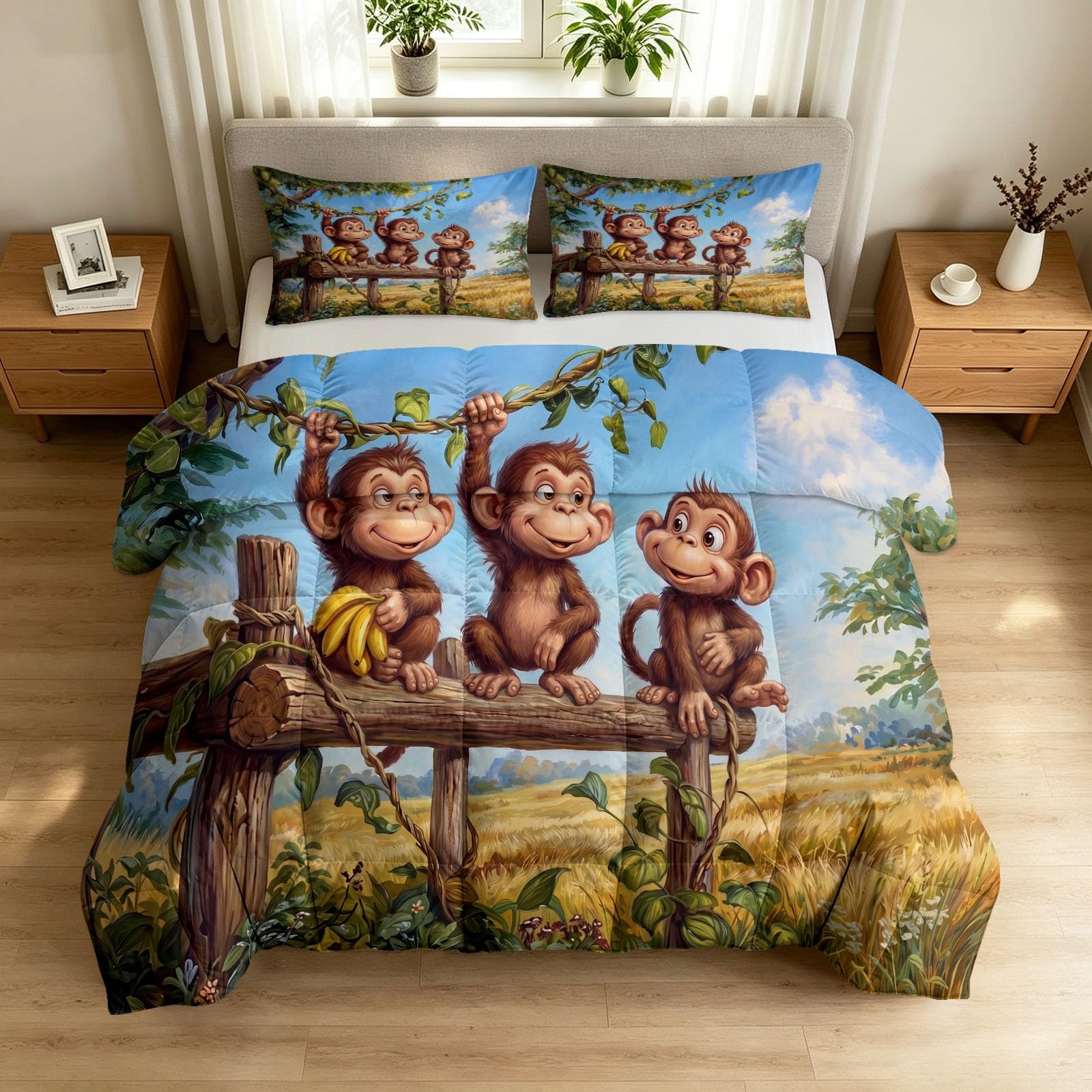 Kołdra całoroczna 240 x 220 cm, dwustronna kołdra bez poszewki z motywem dżungli z kreskówki - na 4 pory roku, słodka małpa, miękka, ciepła kołdra do spania dla alergików, kolorowa