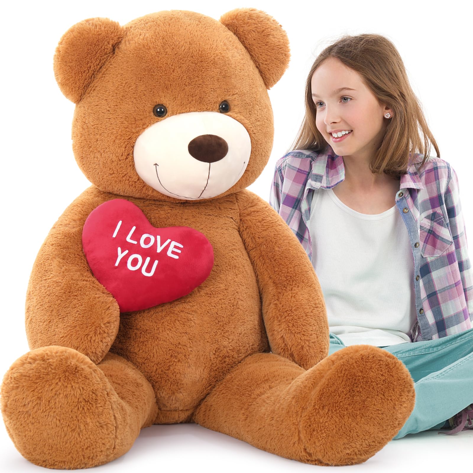 MaoGoLan Big Teddy Bear 4.3ft Stuffed Animal, I Love You Red Heart Giant Teddy Bear Plush Toy, Large Stuffed Animal Gift for Girlfriend, Boyfriend, Kids,Dark Brown