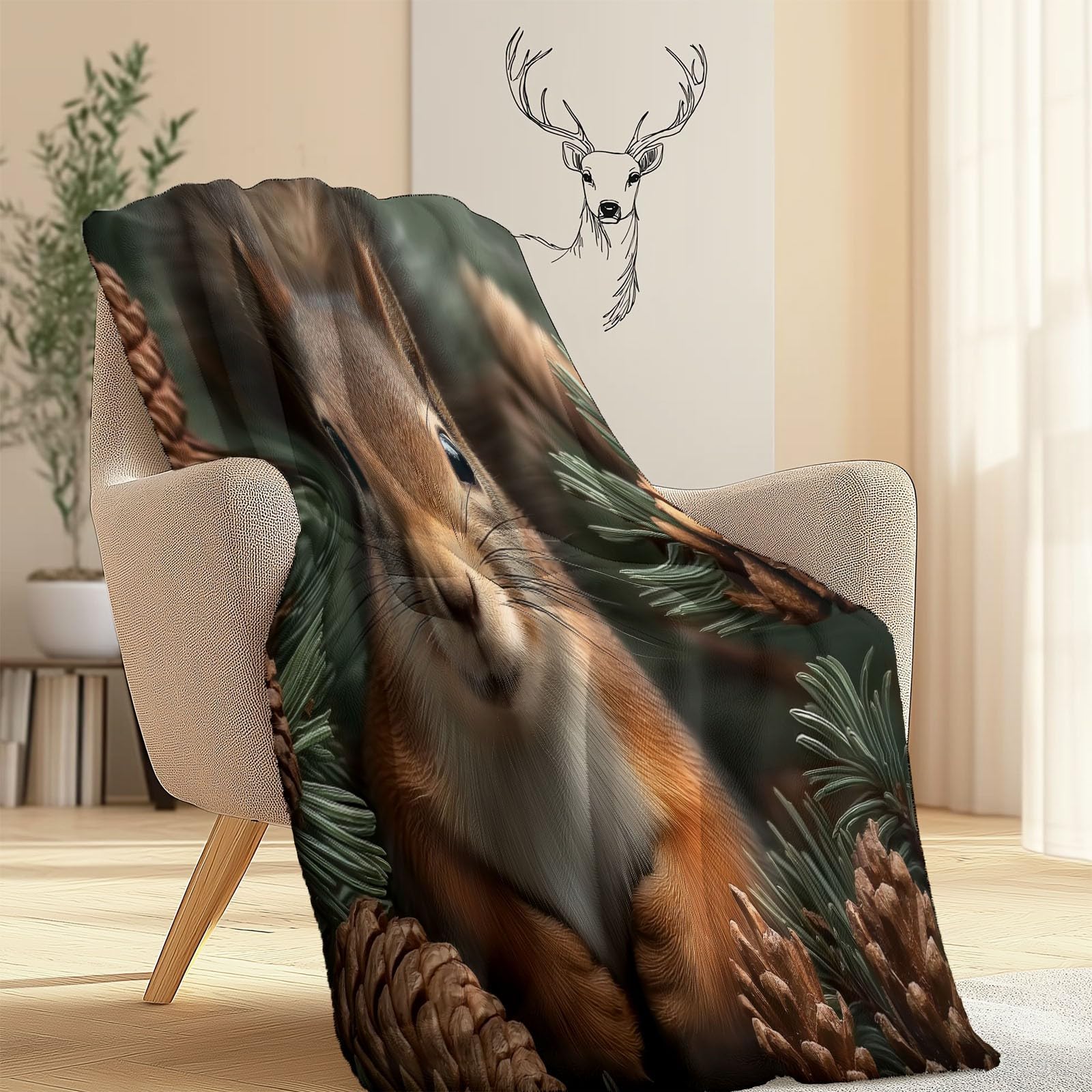 Miękki i przytulny flanelowy koc polarowy 150 x 200 cm - ciepły nadruk zwierząt wiewiórki szyszki iglaste, dekoracyjne narzuty na sofę i łóżko