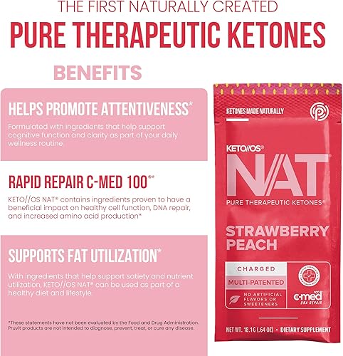 Miniatura 4 de Pruvit - Keto//OS NAT - Mezcla de bebida cargada de fresa y melocotón con C-Med 100, L-taurina, vitaminas B6 y B12, suplemento de cetona, 0.81 oz