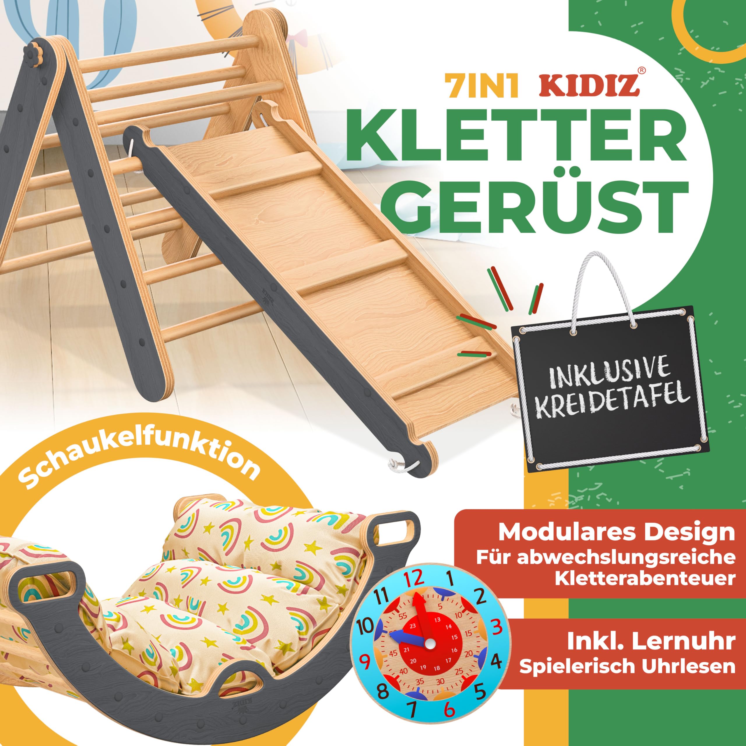 Kidiz® Klettergerüst Montessori 7in1 Spiel-Set mit Kletterbogen Rutsche Kletterdreieck aus Holz inklusive Kissen, Tafel & Lern-Uhr | Indoor Spielplatz für Kleinkinder ab 1 Jahr & Kinder bis 3 Jahre