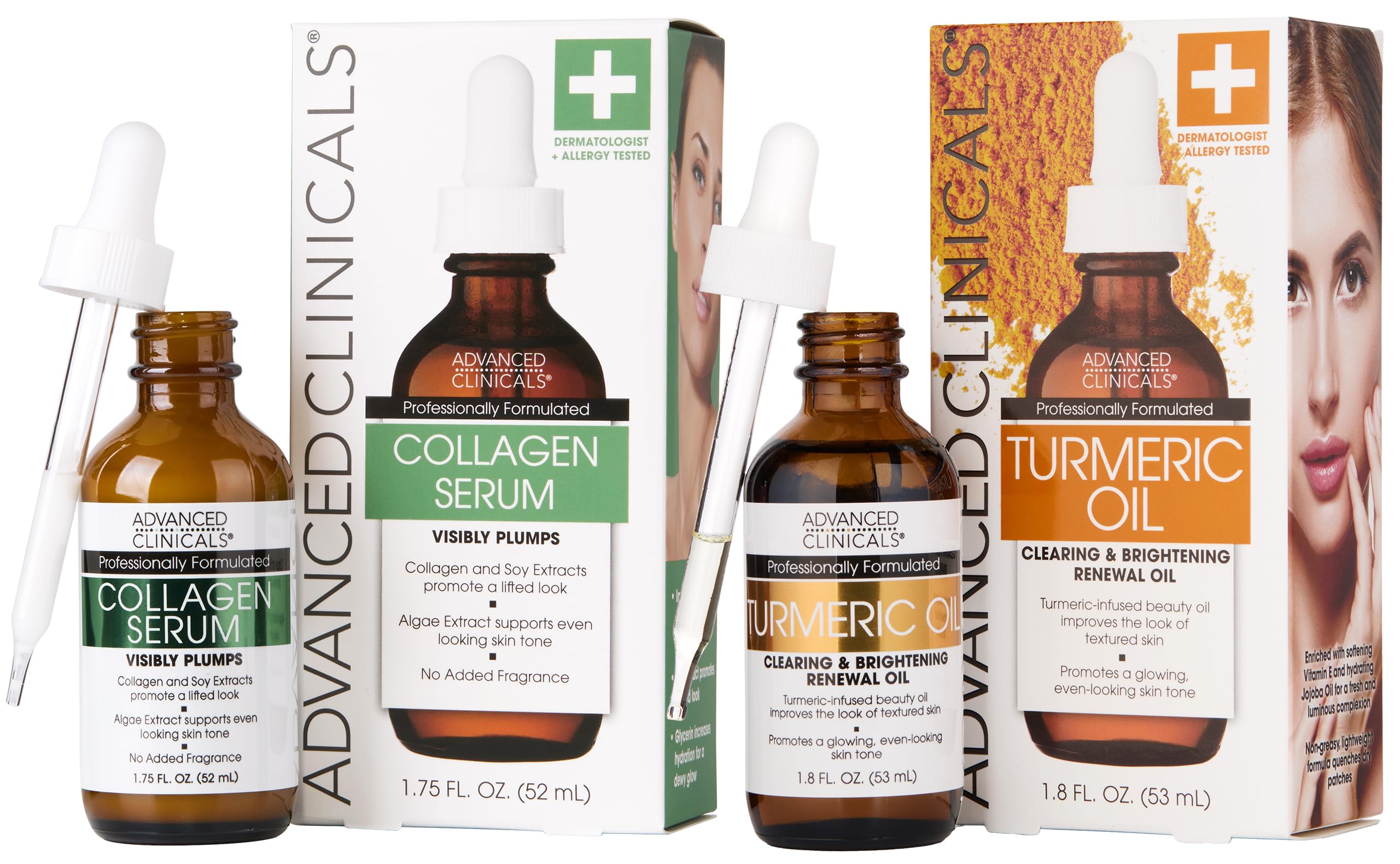 Advanced Clinicals Collagen Facial Serum + Turmeric Oil Face Serum Skin Care Set, Skin Plumping Anti Aging Serums For Face Help Brighten Skin