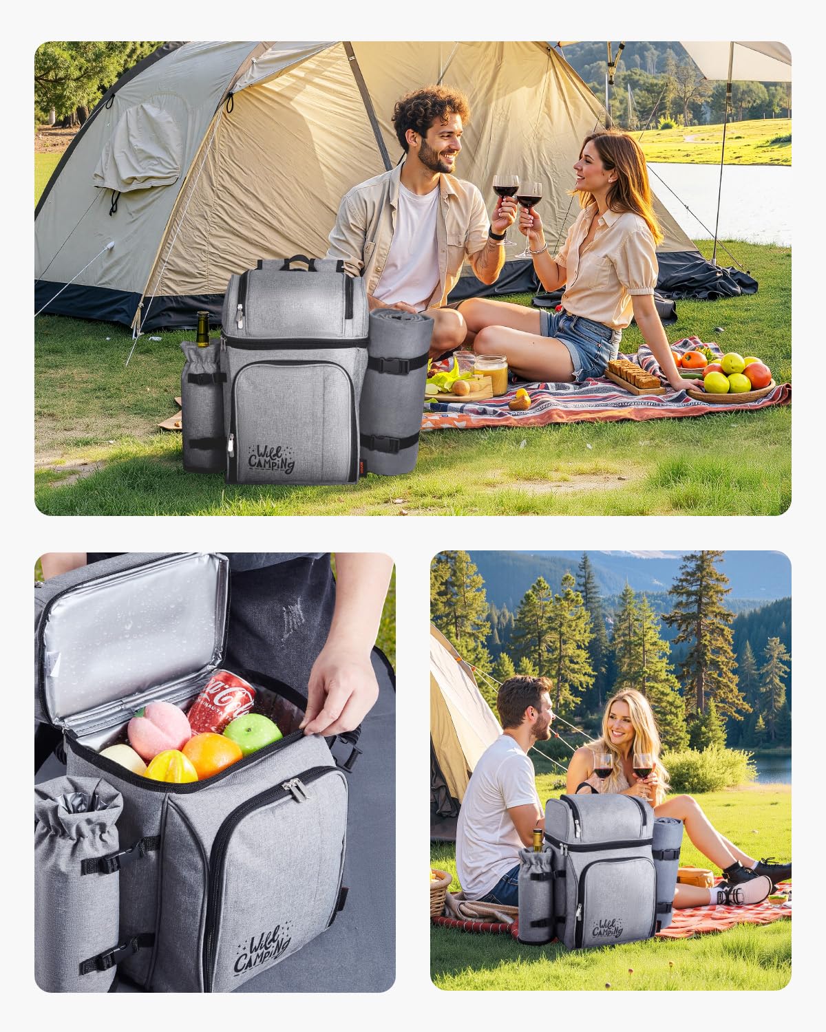 VEVOR Sac à Dos Isotherme pour 4 Personnes, Sac à Dos de Pique-Nique Randonnée Camping, avec Compartiment Isotherme, Porte-Bouteille Amovible, Couverture Légère et Kit Assiettes et Couverts, Gris