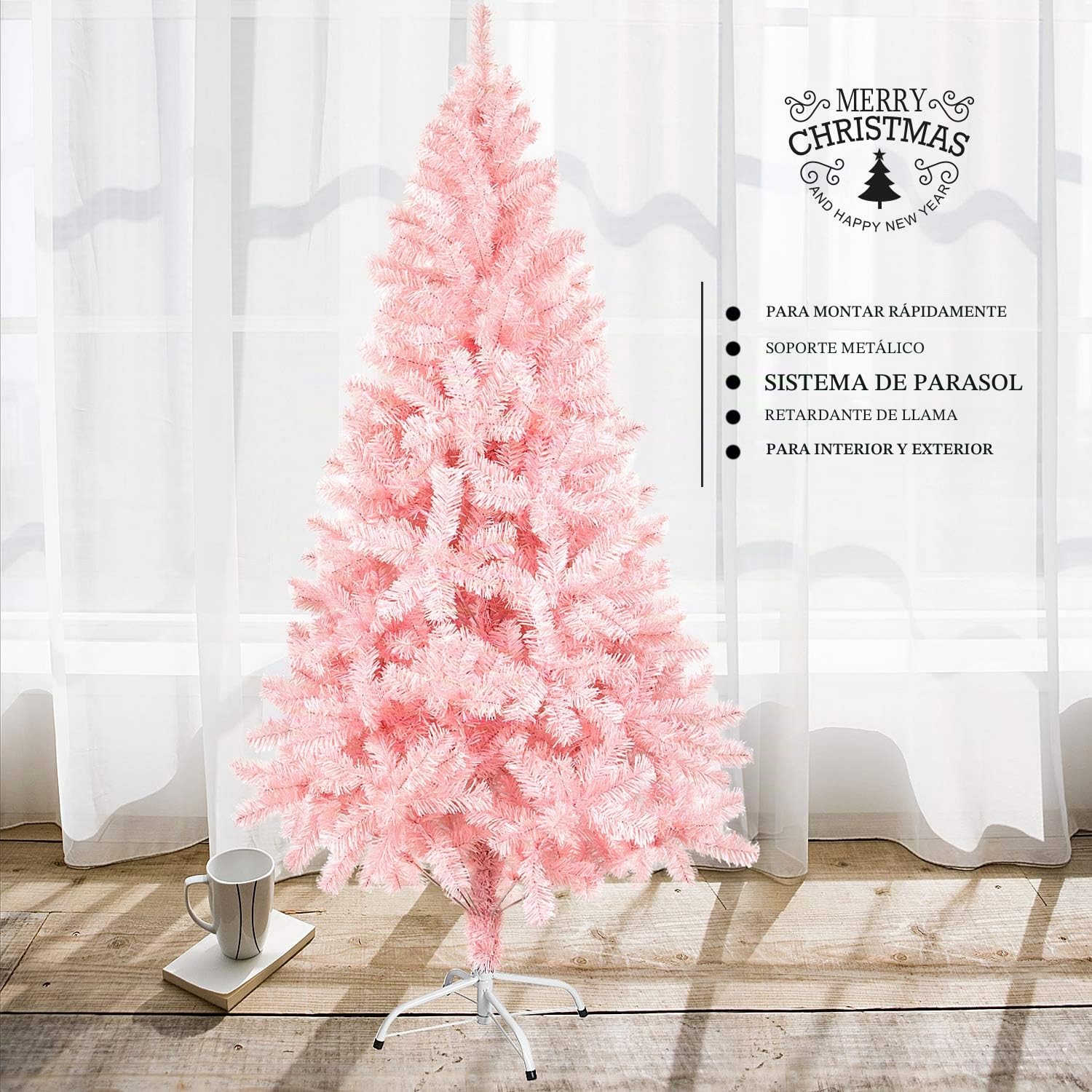 Árbol de Navidad Artificial Árbol Espeso y Lujo con Soporte Metálico, Árbol de Material de PVC - Rosado Claro (120cm, 200puntas)