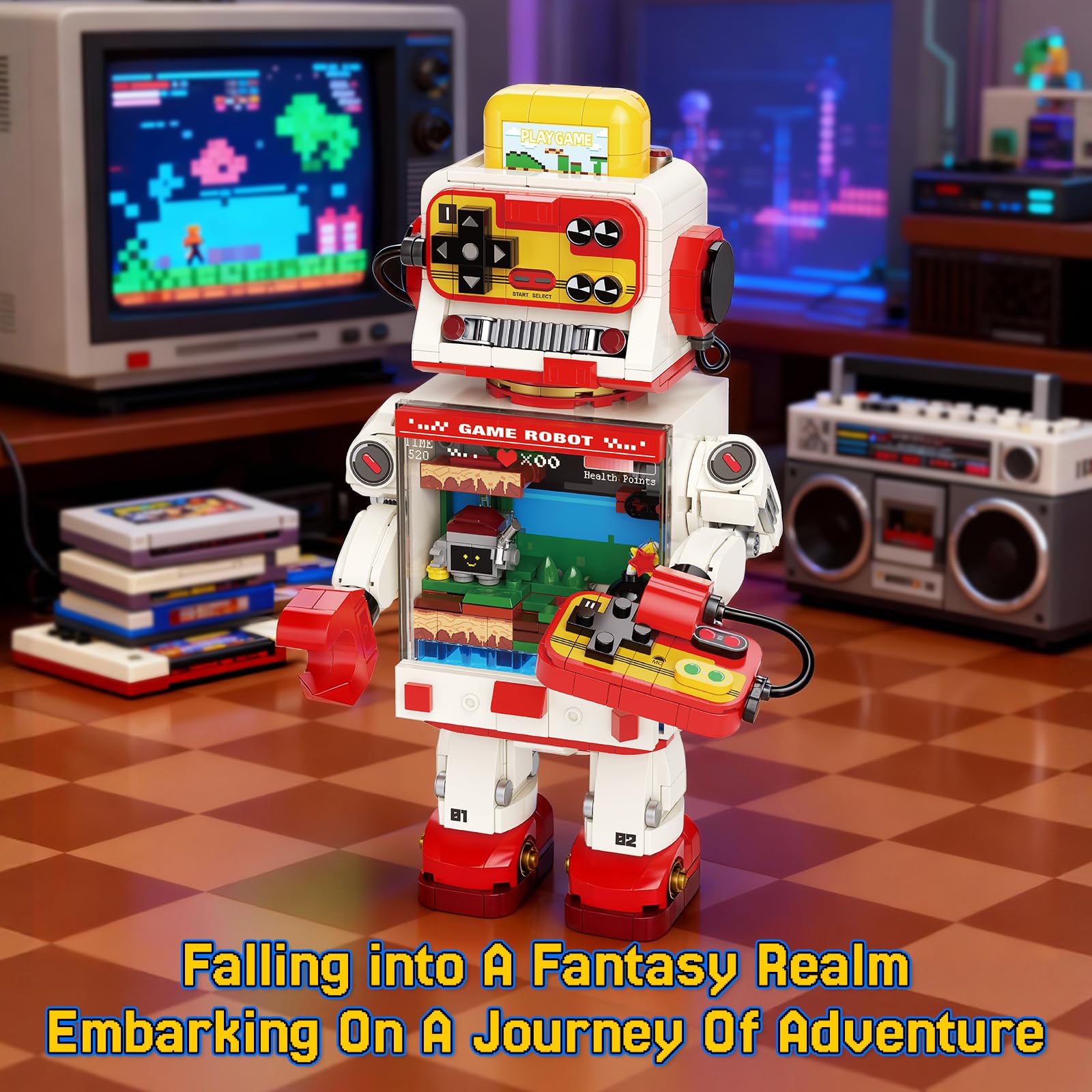 Fantastica idea gioco robot Building Block, giocattoli da costruzione retrò per console di gioco, collezione in stile pixel e display kit modello fai da te, regali creativi per adulti e