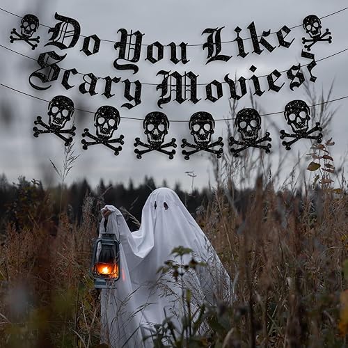 Miniatura 4 de Cartel de películas de terror con texto en inglés "Do You Like Scary Movies", guirnalda gótica de calavera inglesa, decoración de noche de películas
