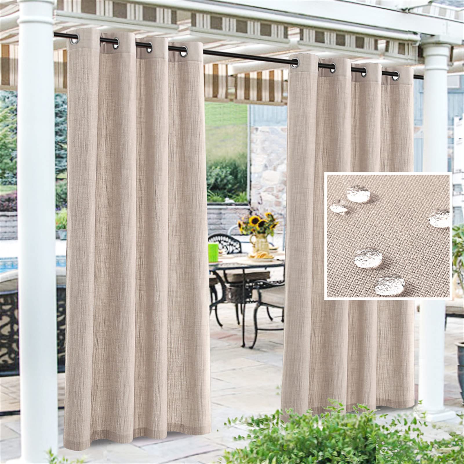 Outdoor gazebo curtains waterproof natural linen curtains with eyelet Windproof and UV protection Thermal Insulated Blackout Curtain for Patio Gazebo Porch bedroom,2 Panels,Natural,WxL:52x95 inch
