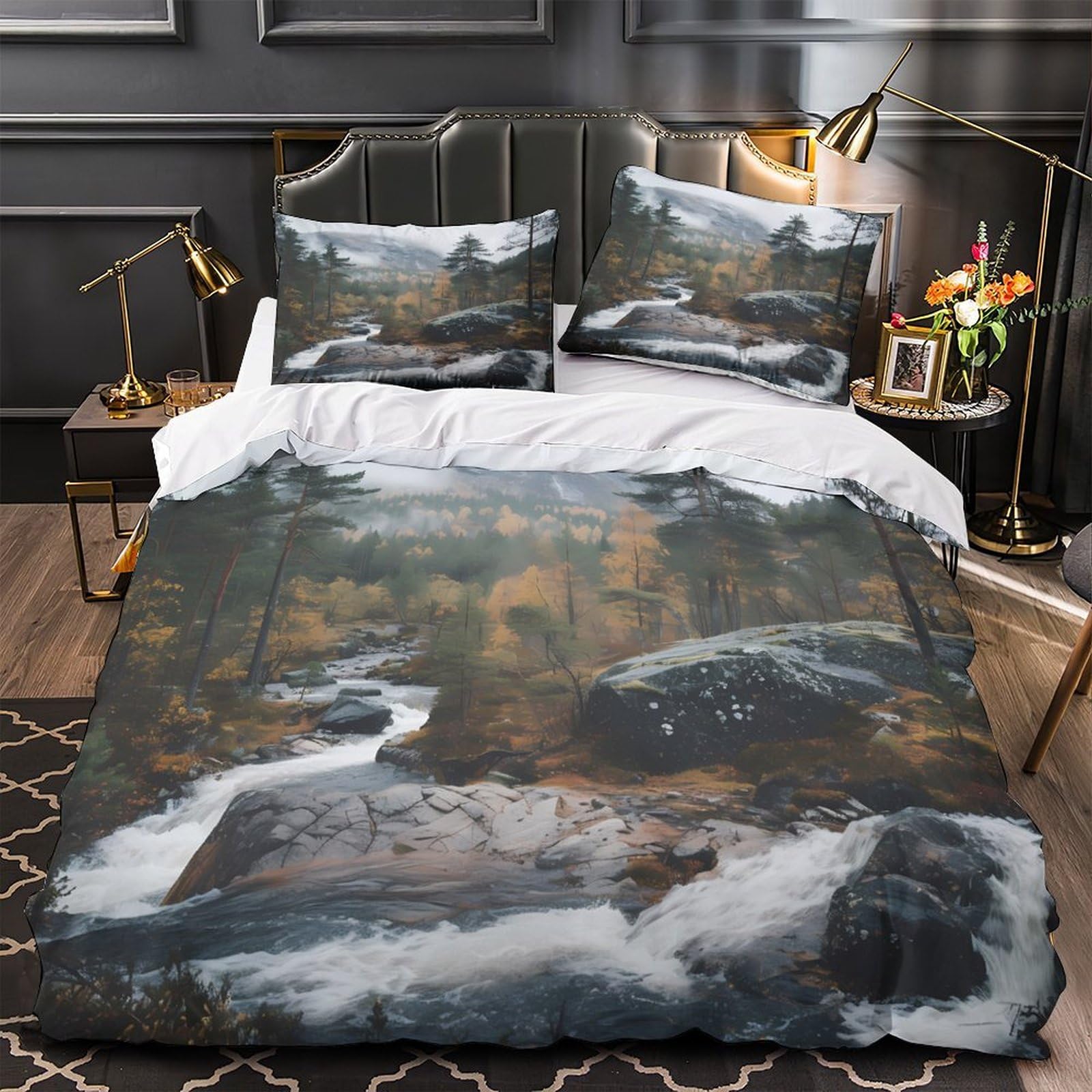 Parure de lit 140x200cm paysage de rivière montagne housse de couette microfibre enfant garçon fille