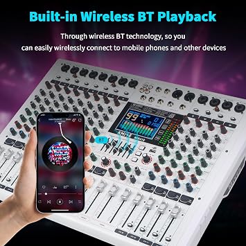 Audio Mixer 12 Channel Digital Audio Pro-Series Sound Board Console System Interface with DJ Mixer Board Capabilities, 7 Band EQ, LED Display 48V and Sound BT Mixer USB/SD/FM/WMA Output
