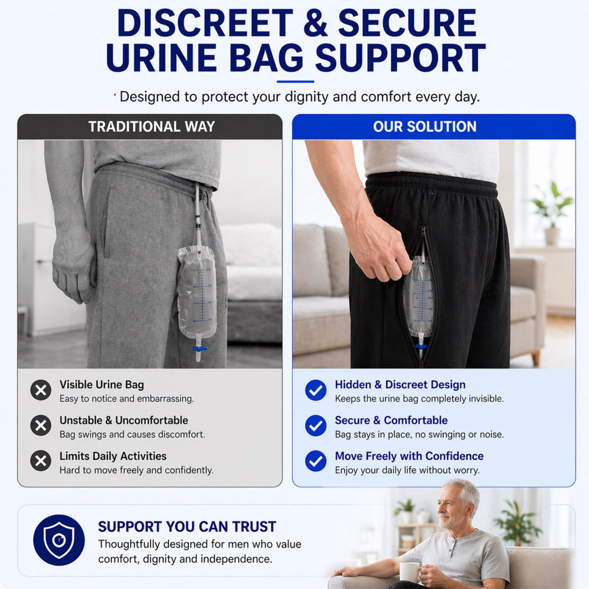 Pantaloni per Catetere per Uomo E Donna, Pantaloni per Sacca Urinaria in 100% Cotone con Due Tasche con Cerniera Nascosta, Pantaloni di Supporto per Nefrostomia Regolabili