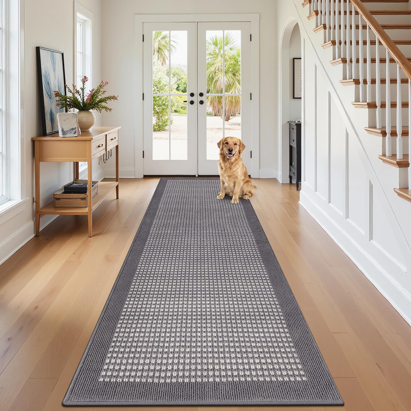 Ileading Runner Rug for Hallways 2.6'x10' Heavy-Duty Durable Entryway Floor Mat with Non Slip Rubber Backing Low-Pile High Traffic Carpet Machine Washable Accent Rugs for Kitchen(Grey)