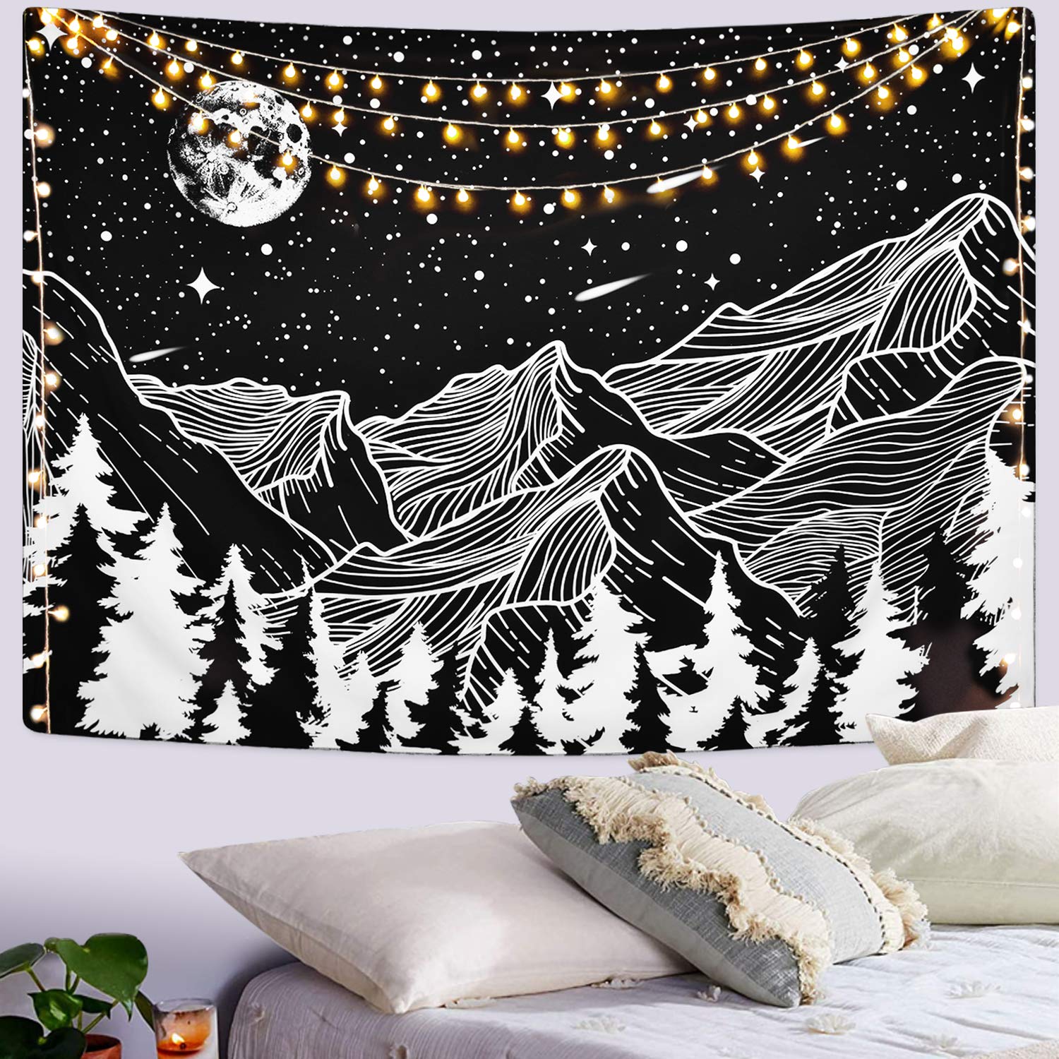 Yugarlibi Forest Mountain Wall Tapestry, Black Landscape Moon Star Wall Hanging Wall Art for Bedroom Living Room Divider, 59.1 x 51.2 Inches